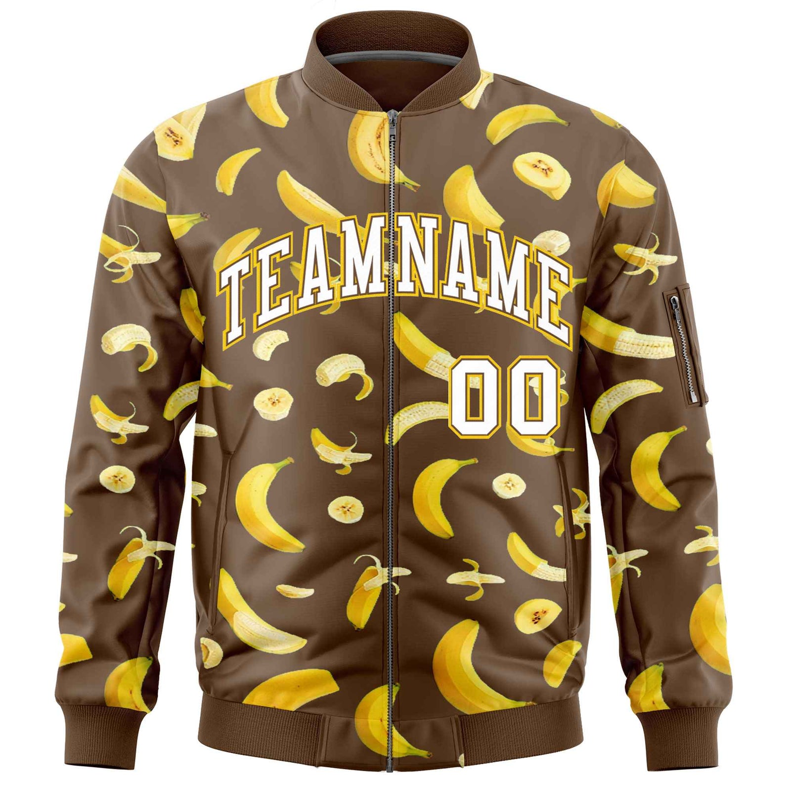 Custom Light Brown Varsity Full-Zip Banana Pattern Letterman Bomber Jacket | Graffiti Pattern | Embroidery&Dye-sublimation printing | KXKSHOP