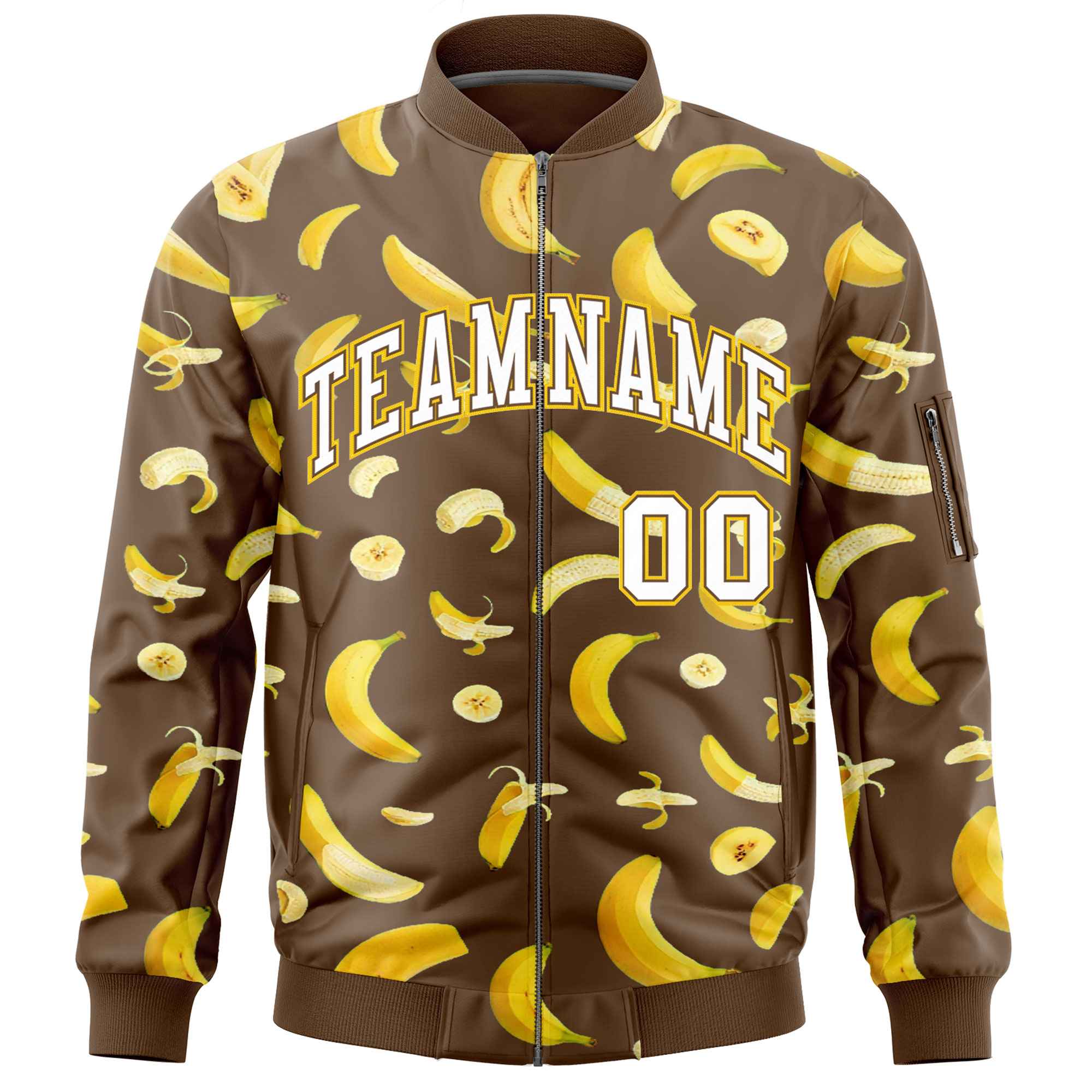 Custom Light Brown Varsity Full-Zip Banana Pattern Letterman Bomber Jacket | Graffiti Pattern | Embroidery&Dye-sublimation printing | KXKSHOP
