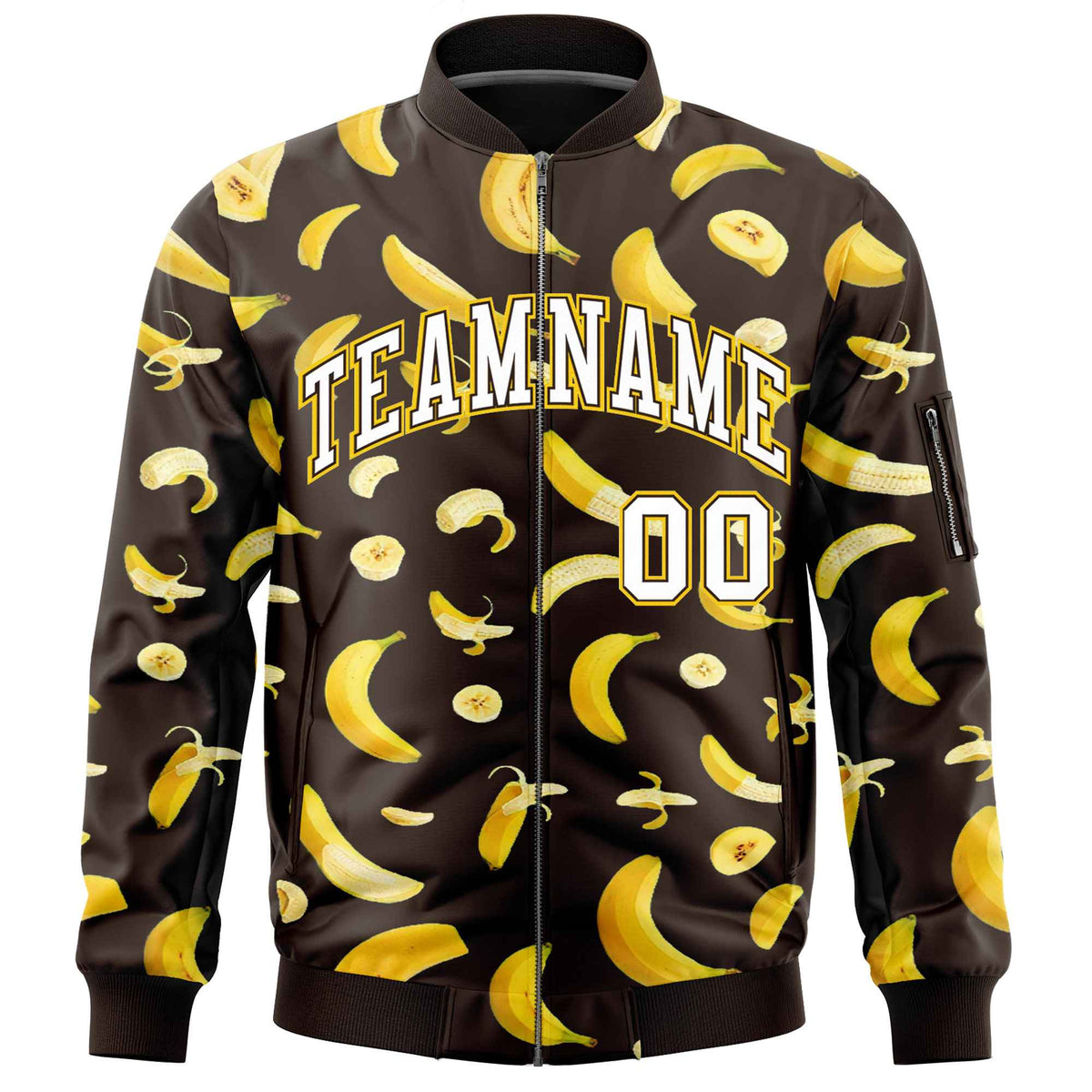 Custom Brown Varsity Full-Zip Banana Pattern Letterman Bomber Jacket | Graffiti Pattern | Embroidery&amp;Dye-sublimation printing | KXKSHOP