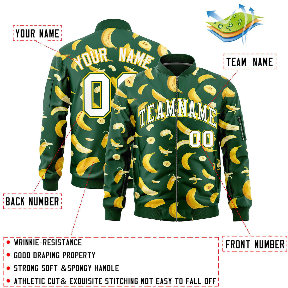 Custom Green Varsity Full-Zip Banana Pattern Letterman Bomber Jacket | Graffiti Pattern | Embroidery&amp;Dye-sublimation printing | KXKSHOP