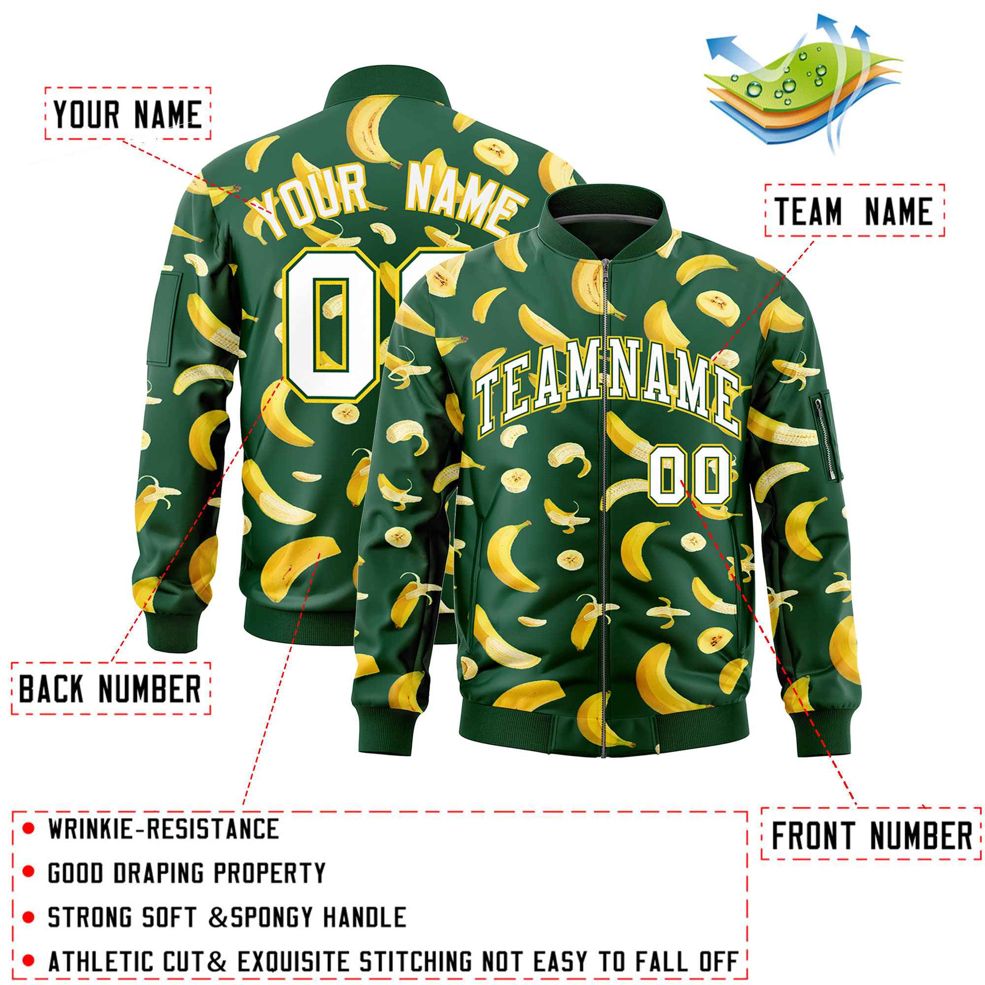 Custom Green Varsity Full-Zip Banana Pattern Letterman Bomber Jacket | Graffiti Pattern | Embroidery&Dye-sublimation printing | KXKSHOP