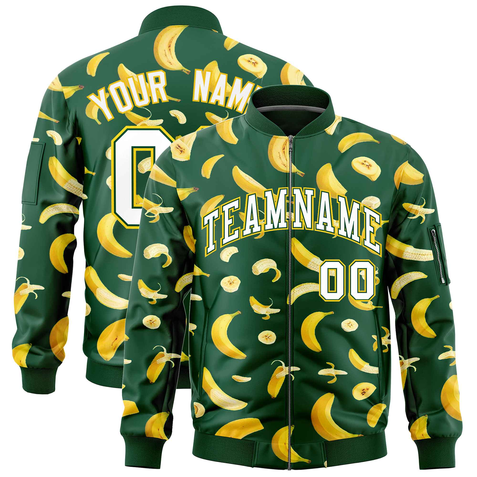 Custom Green Varsity Full-Zip Banana Pattern Letterman Bomber Jacket | Graffiti Pattern | Embroidery&Dye-sublimation printing | KXKSHOP
