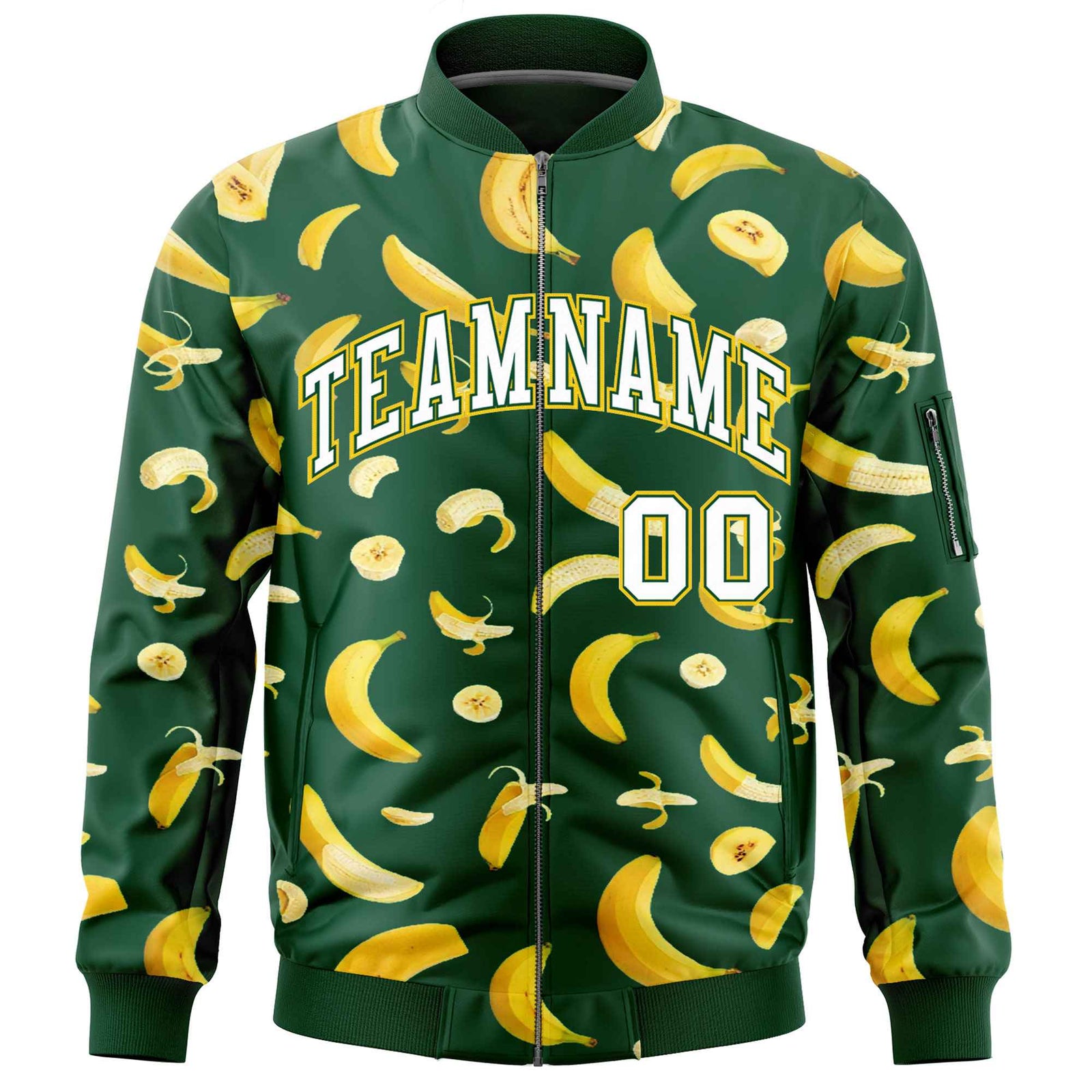 Custom Green Varsity Full-Zip Banana Pattern Letterman Bomber Jacket | Graffiti Pattern | Embroidery&Dye-sublimation printing | KXKSHOP