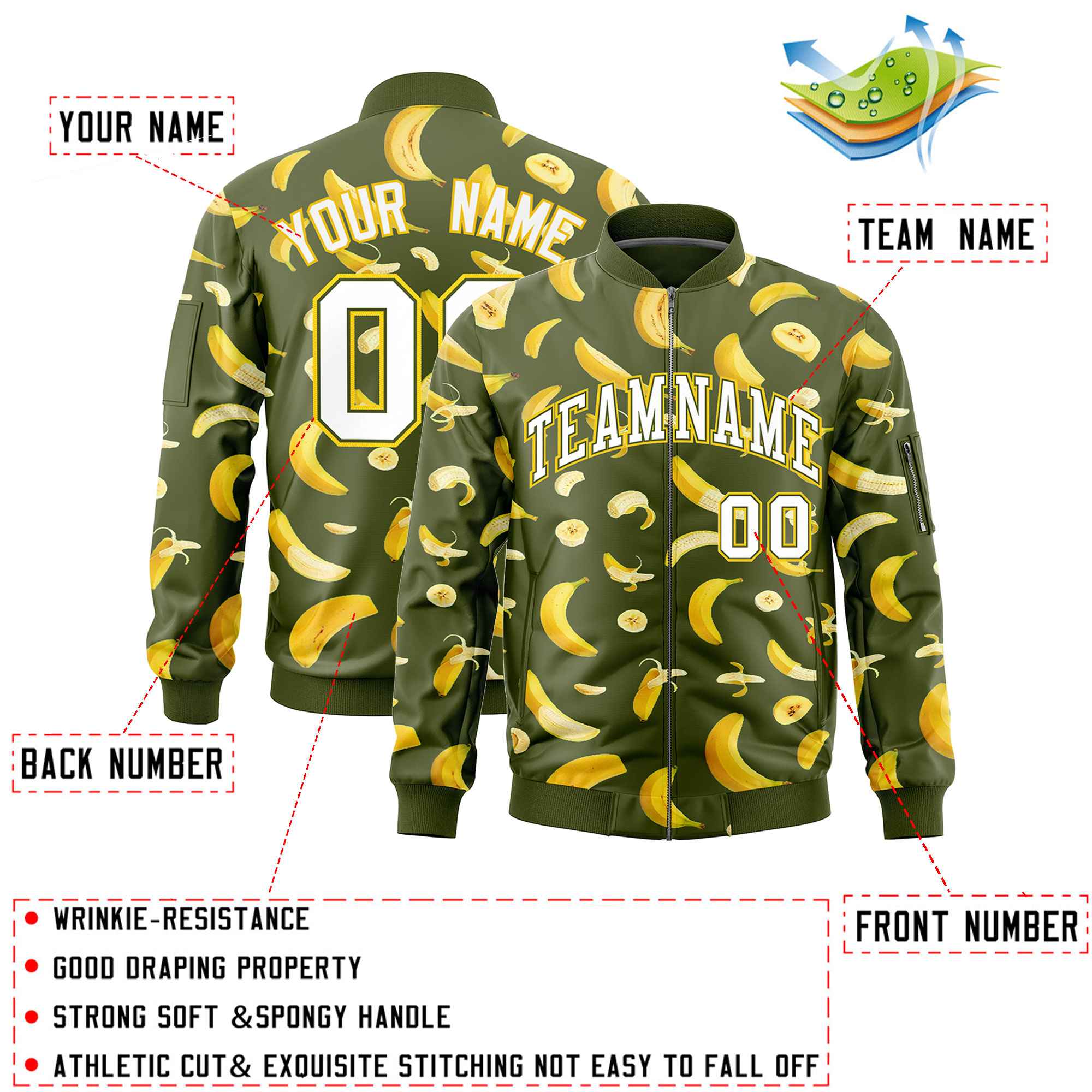 Custom Olive Varsity Full-Zip Banana Pattern Letterman Bomber Jacket | Graffiti Pattern | Embroidery&Dye-sublimation printing | KXKSHOP