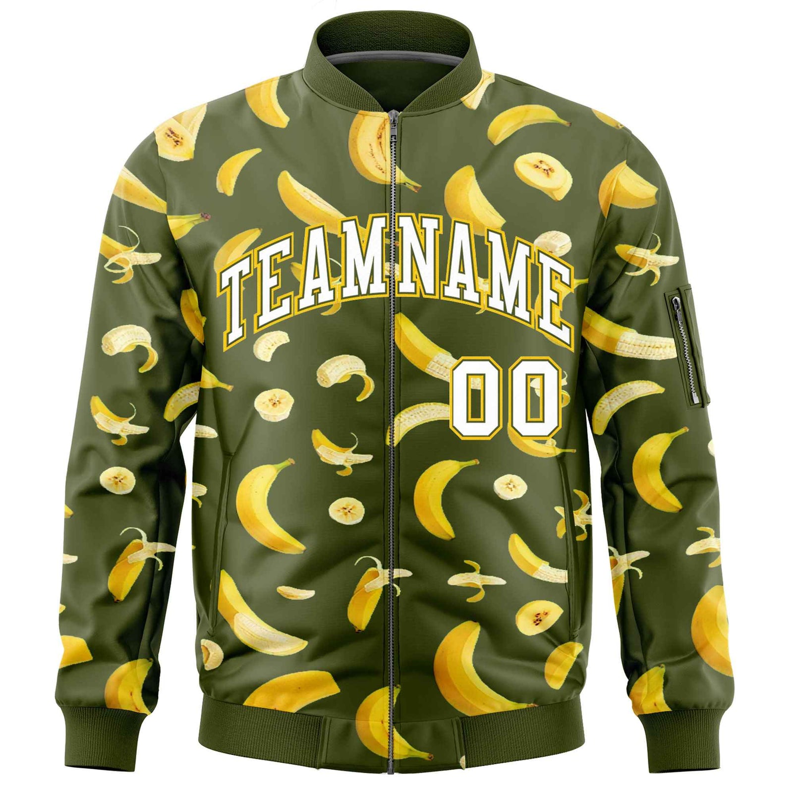 Custom Olive Varsity Full-Zip Banana Pattern Letterman Bomber Jacket | Graffiti Pattern | Embroidery&Dye-sublimation printing | KXKSHOP
