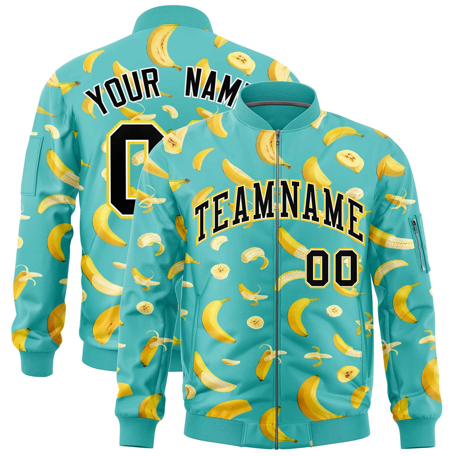 Custom Teal Varsity Full-Zip Banana Pattern Letterman Bomber Jacket | Graffiti Pattern | Embroidery&Dye-sublimation printing | KXKSHOP