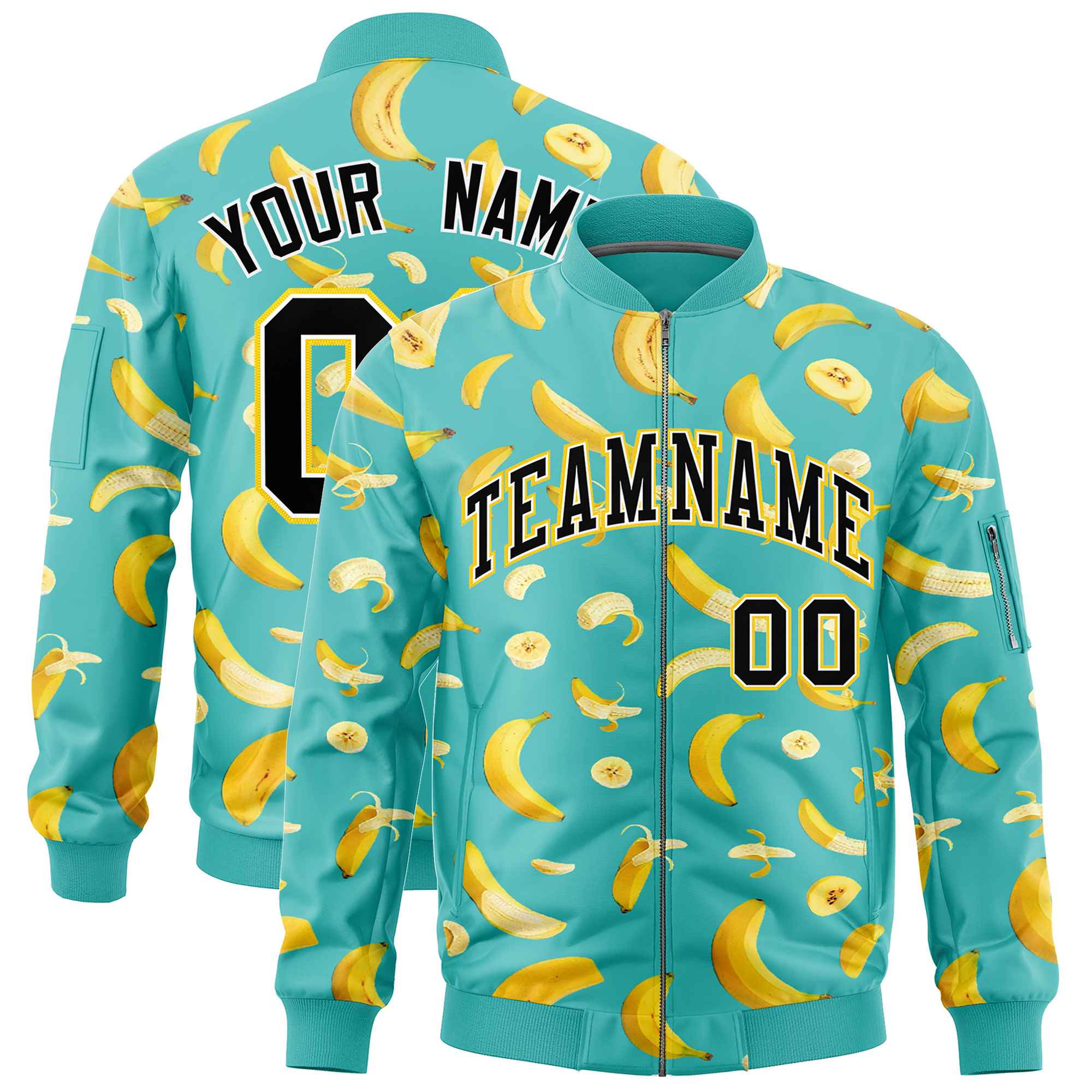 Custom Teal Varsity Full-Zip Banana Pattern Letterman Bomber Jacket | Graffiti Pattern | Embroidery&Dye-sublimation printing | KXKSHOP