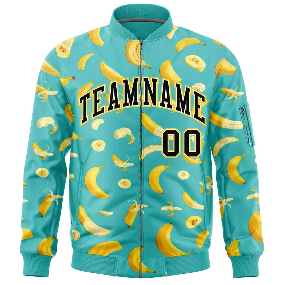 Custom Teal Varsity Full-Zip Banana Pattern Letterman Bomber Jacket | Graffiti Pattern | Embroidery&amp;Dye-sublimation printing | KXKSHOP