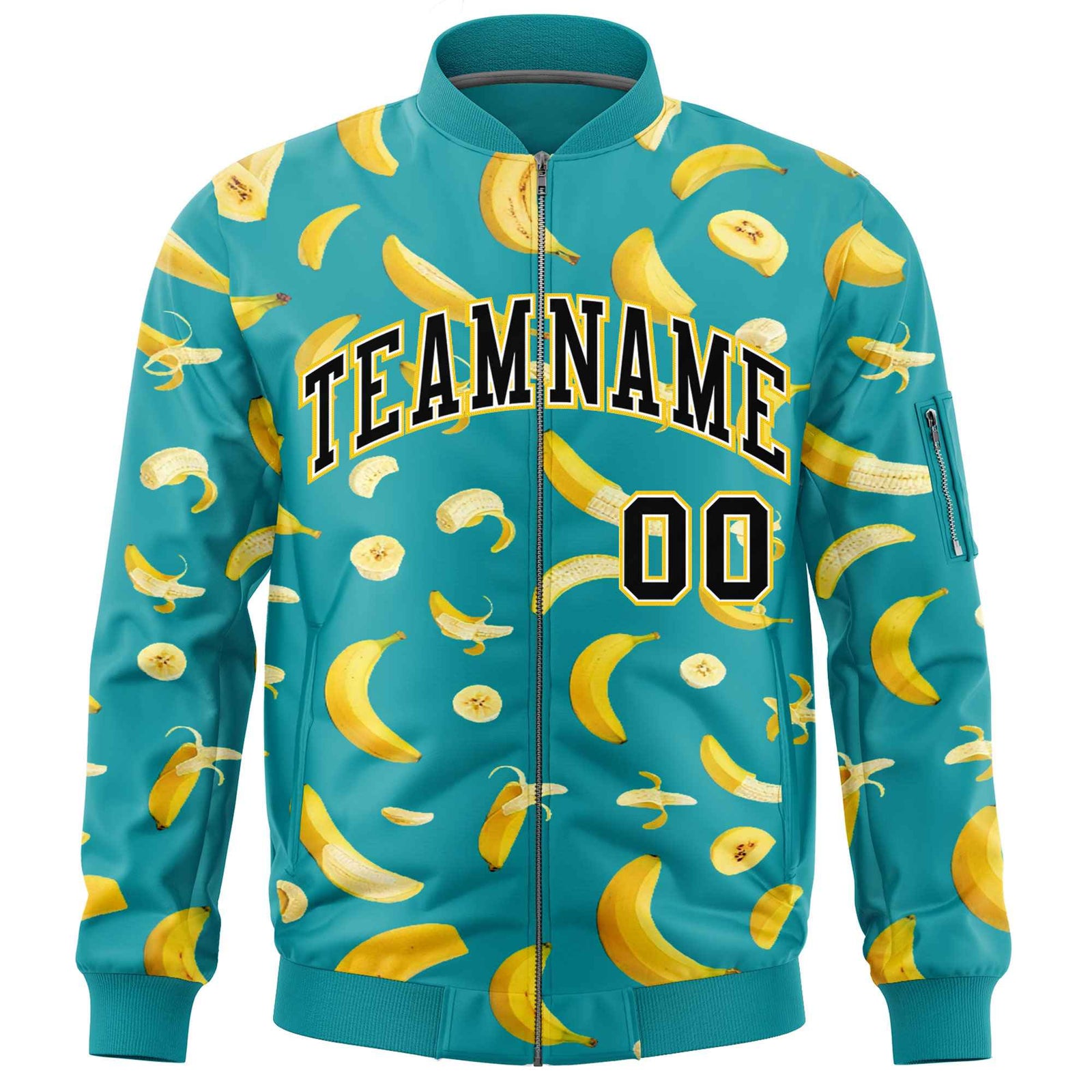 Custom Aqua Varsity Full-Zip Banana Pattern Letterman Bomber Jacket | Graffiti Pattern | Embroidery&Dye-sublimation printing | KXKSHOP