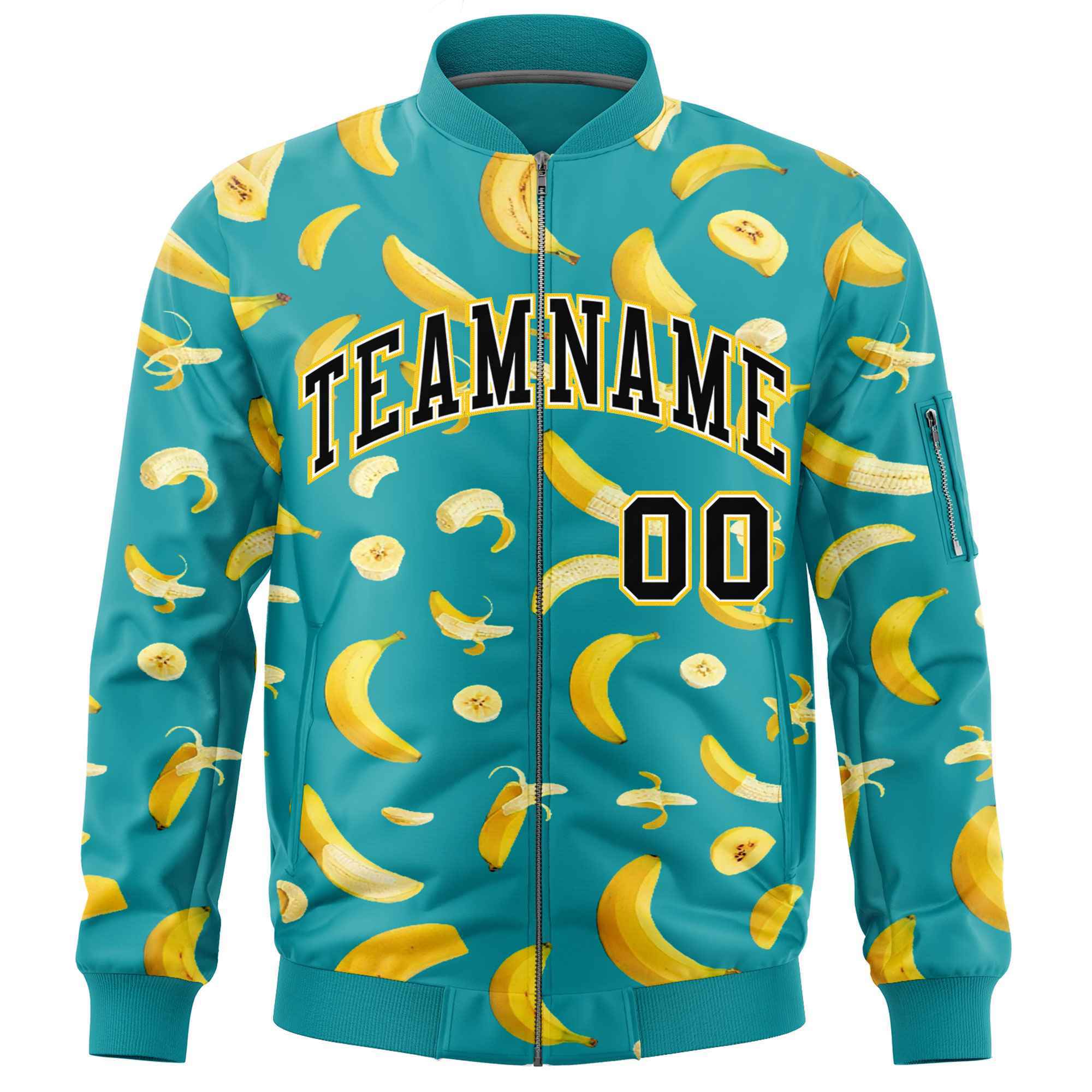 Custom Aqua Varsity Full-Zip Banana Pattern Letterman Bomber Jacket | Graffiti Pattern | Embroidery&Dye-sublimation printing | KXKSHOP