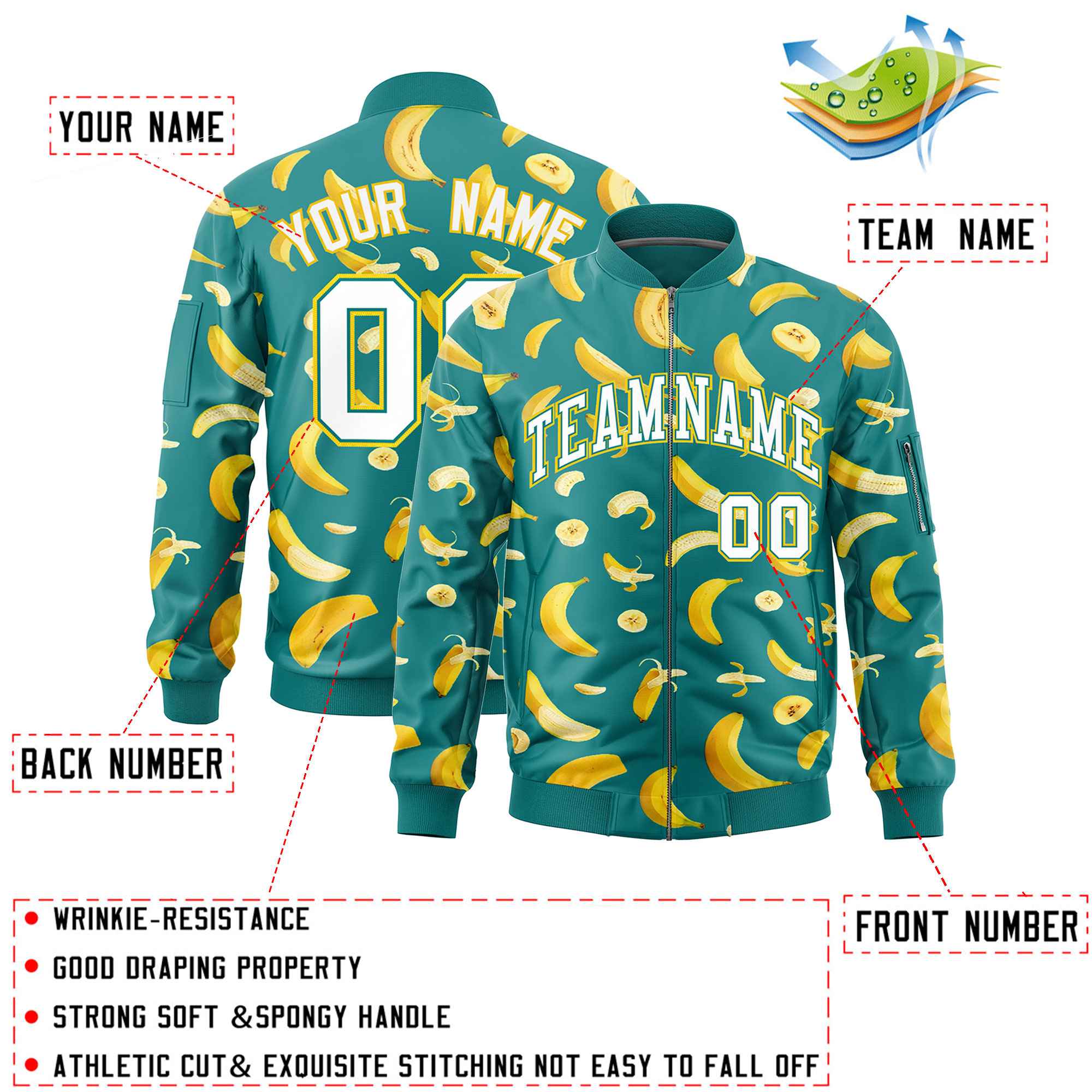 Custom Teal Varsity Full-Zip Banana Pattern Letterman Bomber Jacket | Graffiti Pattern | Embroidery&Dye-sublimation printing | KXKSHOP