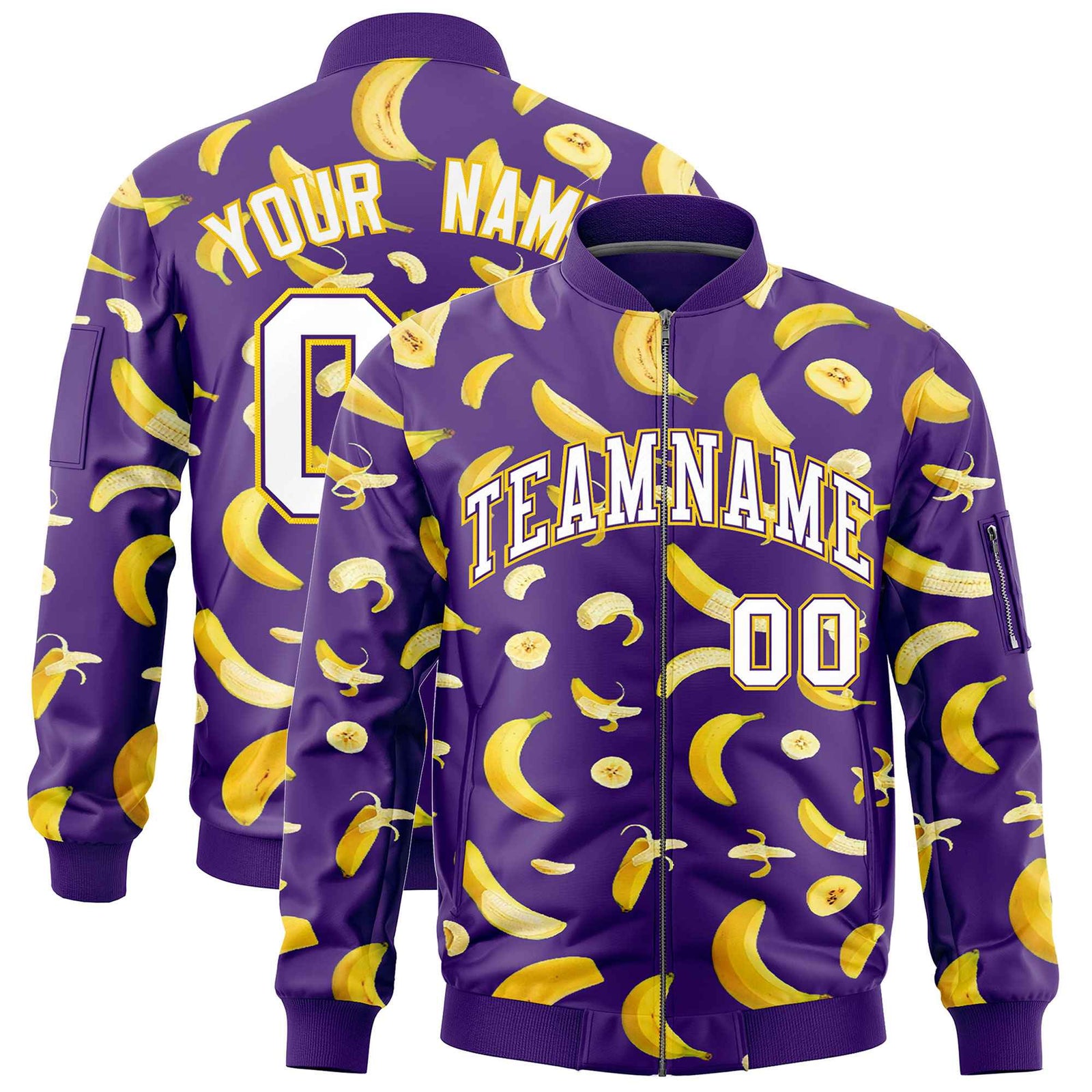 Custom Purple Varsity Full-Zip Banana Pattern Letterman Bomber Jacket | Graffiti Pattern | Embroidery&Dye-sublimation printing | KXKSHOP