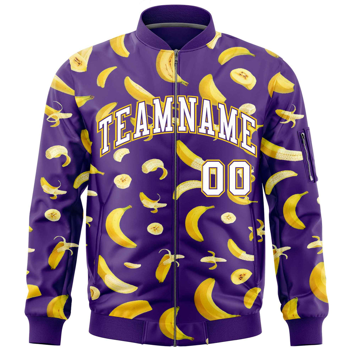 Custom Purple Varsity Full-Zip Banana Pattern Letterman Bomber Jacket | Graffiti Pattern | Embroidery&amp;Dye-sublimation printing | KXKSHOP