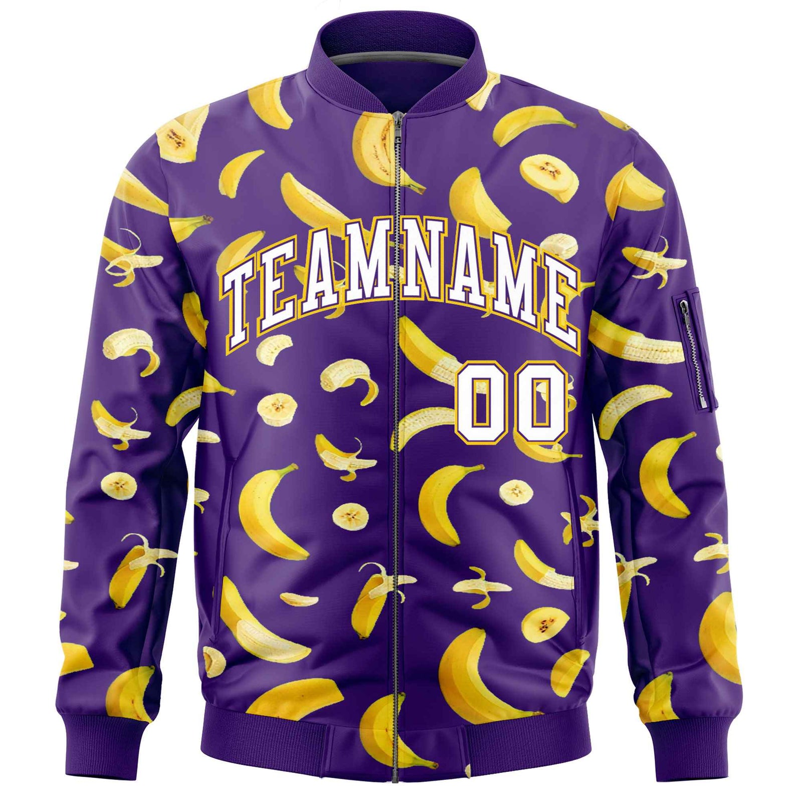 Custom Purple Varsity Full-Zip Banana Pattern Letterman Bomber Jacket | Graffiti Pattern | Embroidery&Dye-sublimation printing | KXKSHOP