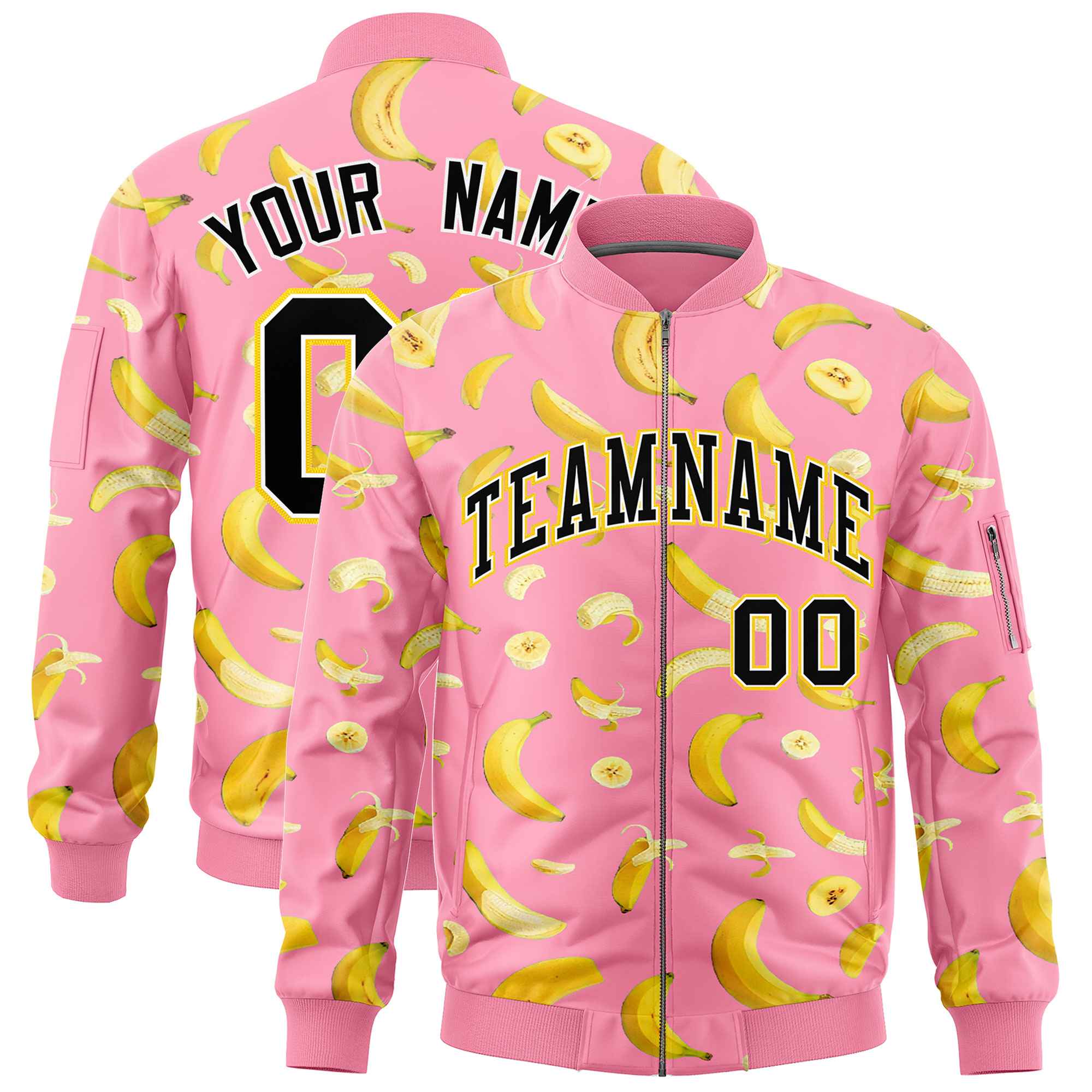 Custom Light Pink Varsity Full-Zip Banana Pattern Letterman Bomber Jacket | Graffiti Pattern | Embroidery&Dye-sublimation printing | KXKSHOP