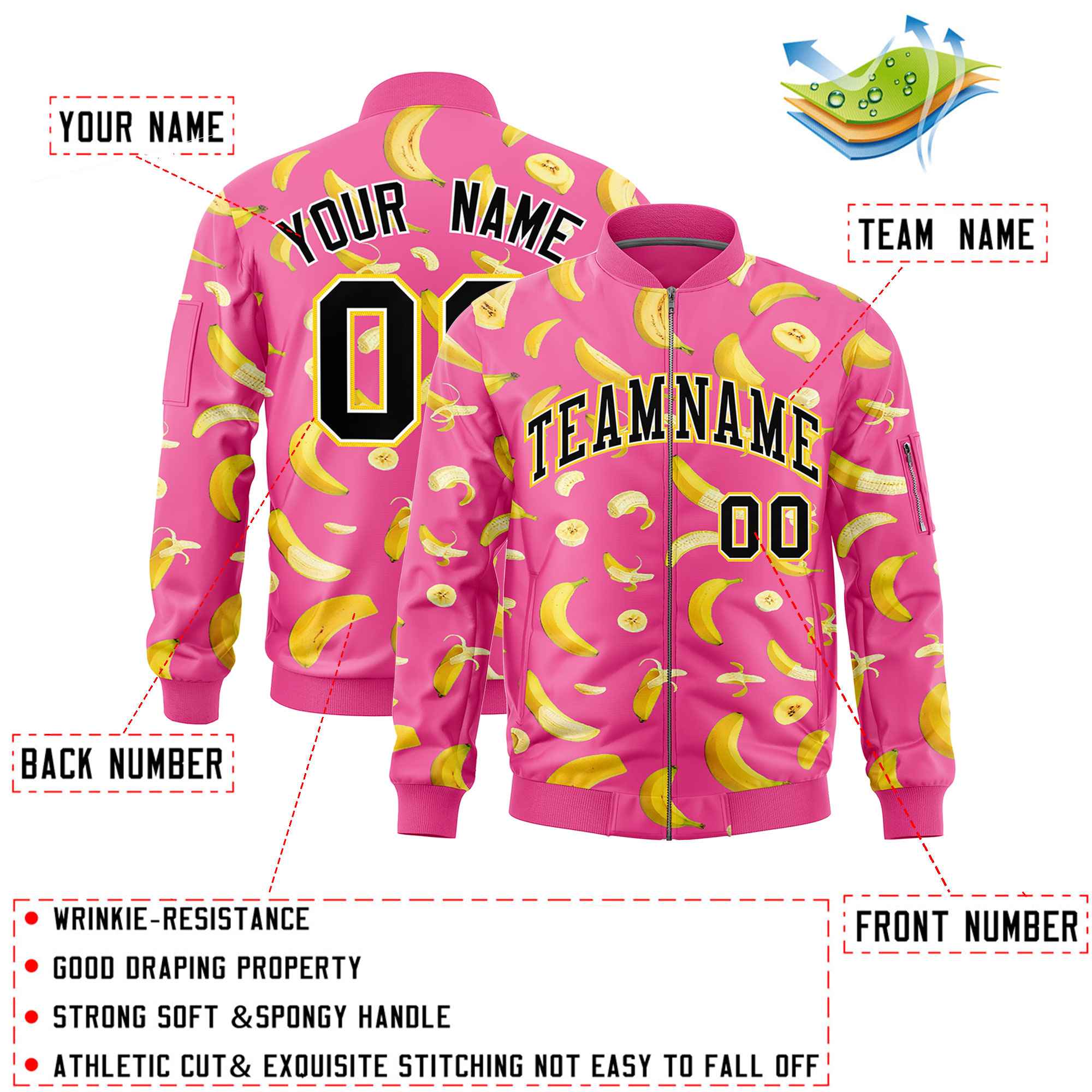 Custom Pink Varsity Full-Zip Banana Pattern Letterman Bomber Jacket | Graffiti Pattern | Embroidery&Dye-sublimation printing | KXKSHOP