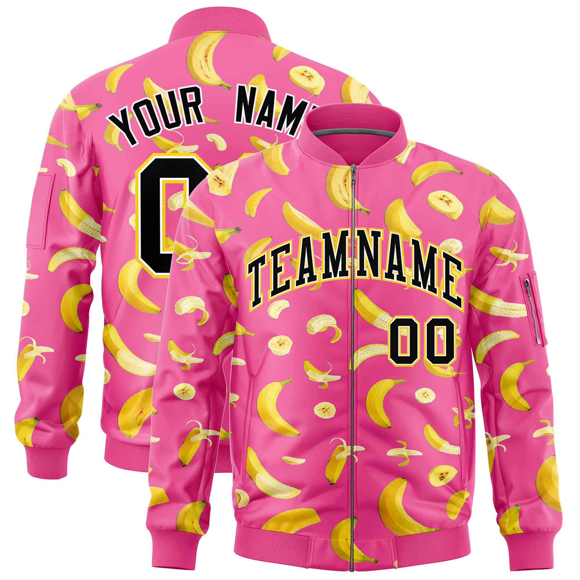 Custom Pink Varsity Full-Zip Banana Pattern Letterman Bomber Jacket | Graffiti Pattern | Embroidery&Dye-sublimation printing | KXKSHOP