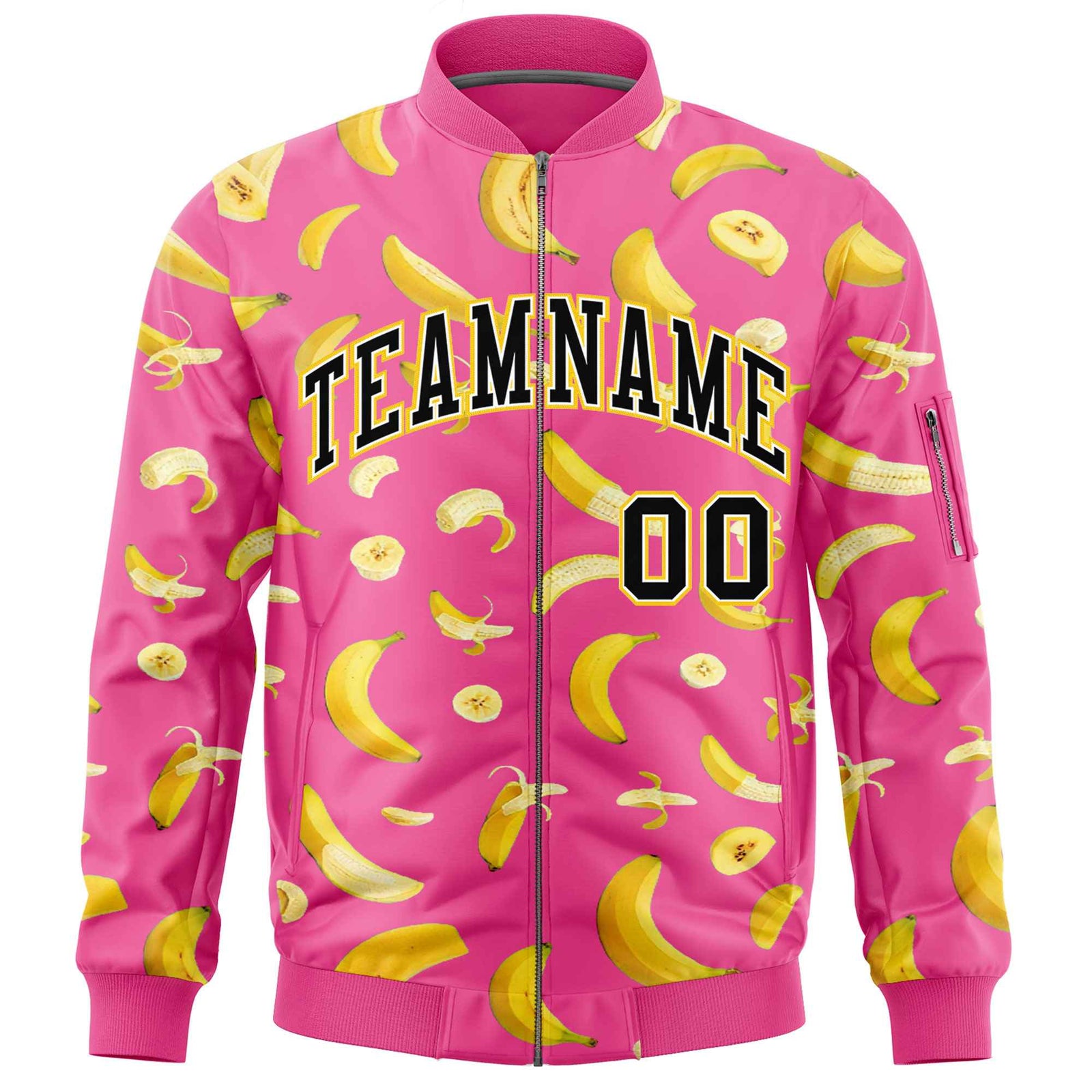 Custom Pink Varsity Full-Zip Banana Pattern Letterman Bomber Jacket | Graffiti Pattern | Embroidery&Dye-sublimation printing | KXKSHOP