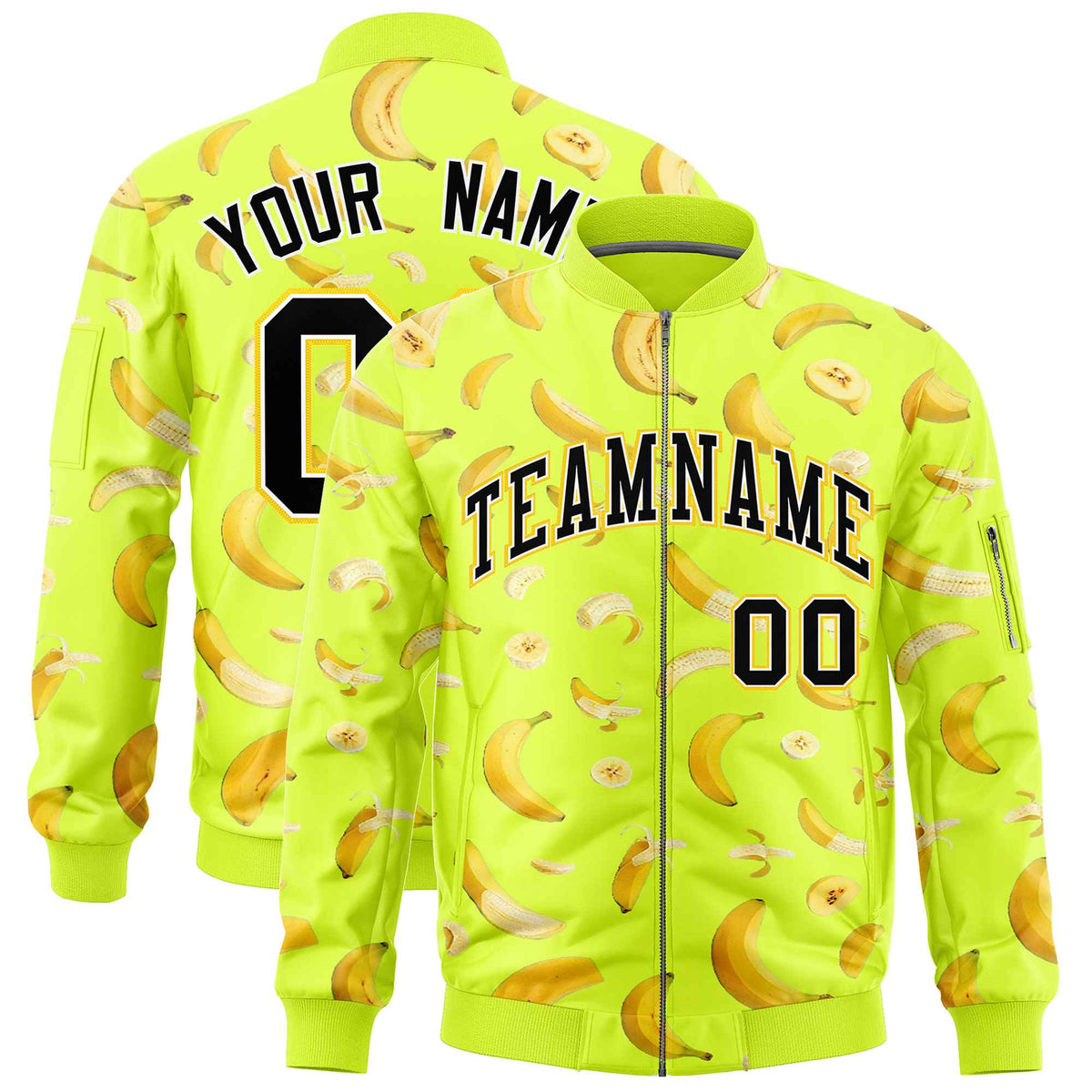 Custom Fluorescent Green Varsity Full-Zip Banana Pattern Letterman Bomber Jacket | Graffiti Pattern | Embroidery&amp;Dye-sublimation printing | KXKSHOP