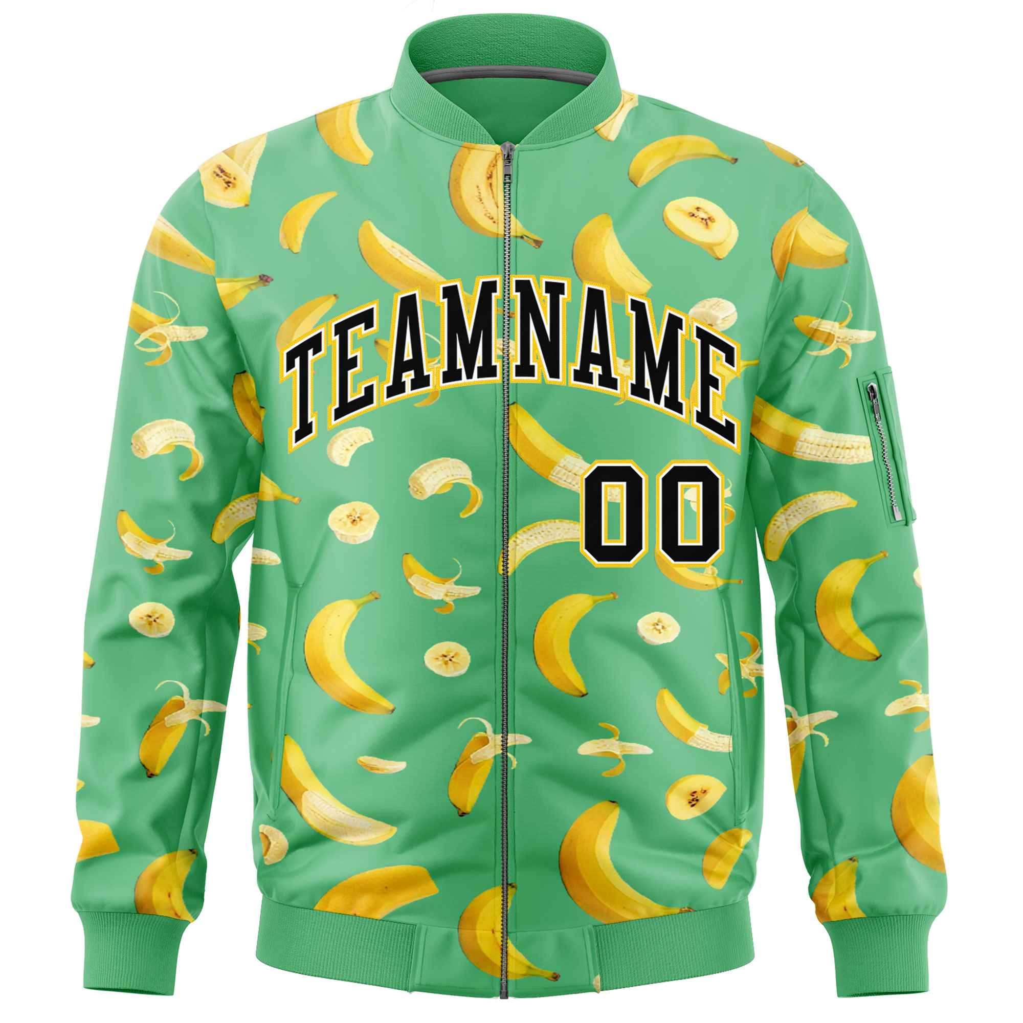Custom Neon Green Varsity Full-Zip Banana Pattern Letterman Bomber Jacket | Graffiti Pattern | Embroidery&Dye-sublimation printing | KXKSHOP