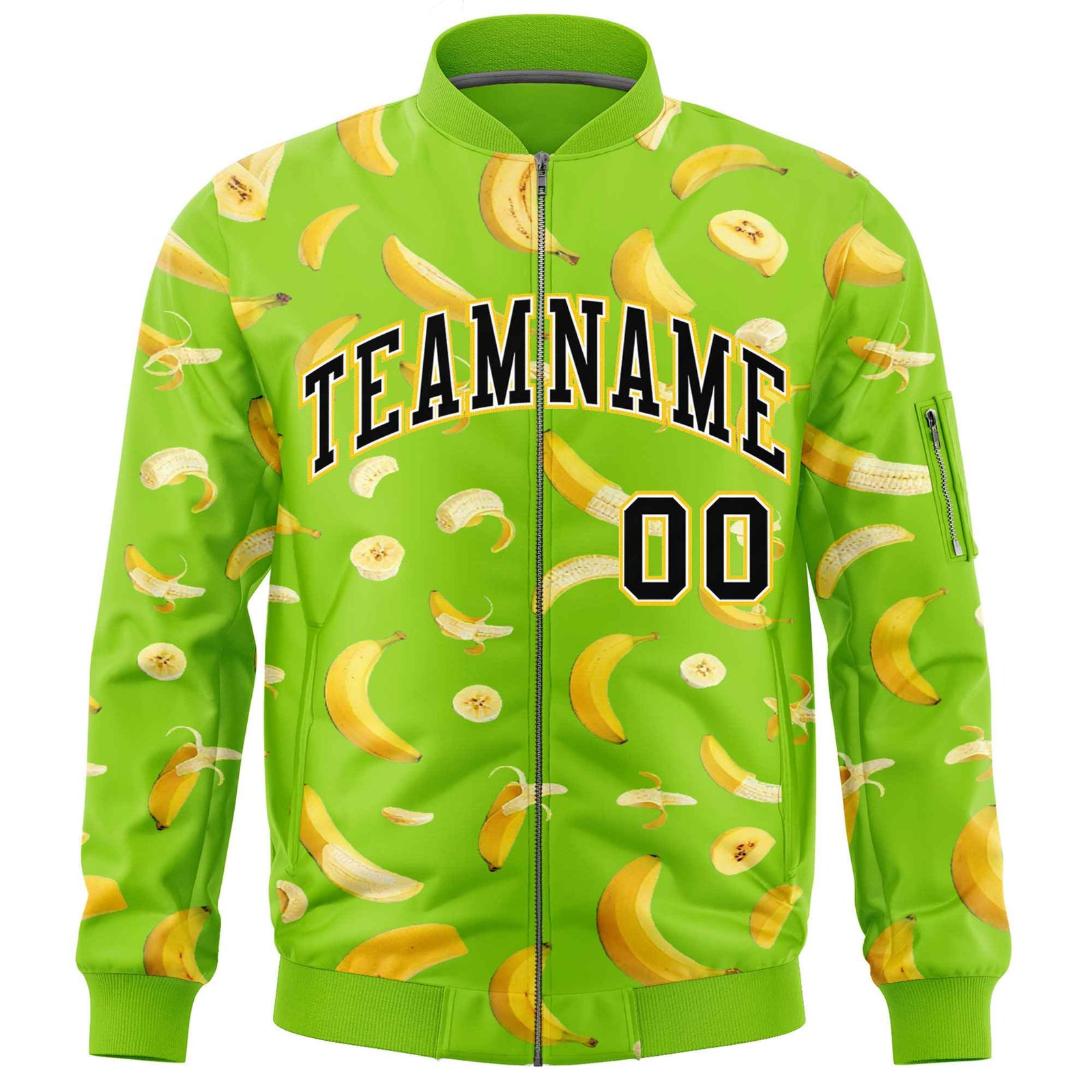 Custom Neon Green Varsity Full-Zip Banana Pattern Letterman Bomber Jacket | Graffiti Pattern | Embroidery&Dye-sublimation printing | KXKSHOP