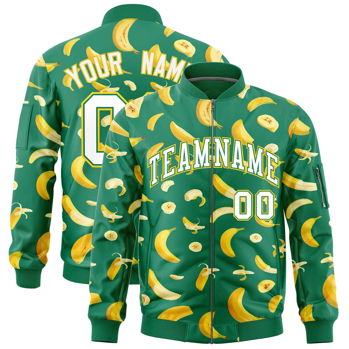 Custom Kelly Green Varsity Full-Zip Banana Pattern Letterman Bomber Jacket | Graffiti Pattern | Embroidery&amp;Dye-sublimation printing | KXKSHOP
