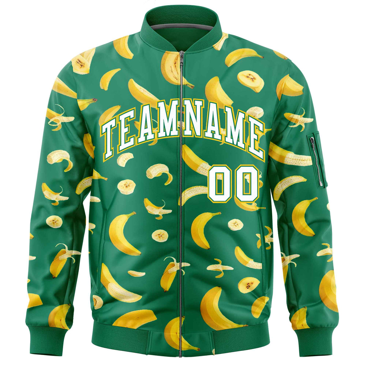 Custom Kelly Green Varsity Full-Zip Banana Pattern Letterman Bomber Jacket | Graffiti Pattern | Embroidery&amp;Dye-sublimation printing | KXKSHOP