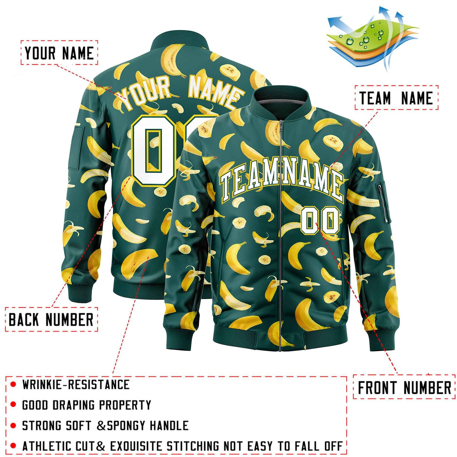 Custom Midnight Green Varsity Full-Zip Banana Pattern Letterman Bomber Jacket | Graffiti Pattern | Embroidery&Dye-sublimation printing | KXKSHOP