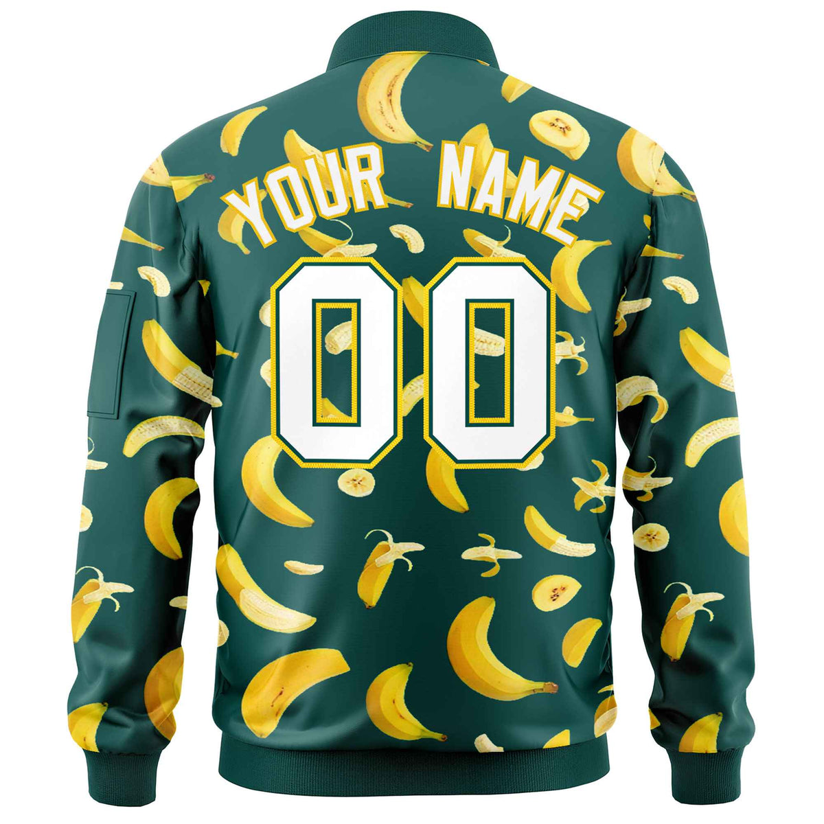 Custom Midnight Green Varsity Full-Zip Banana Pattern Letterman Bomber Jacket | Graffiti Pattern | Embroidery&amp;Dye-sublimation printing | KXKSHOP
