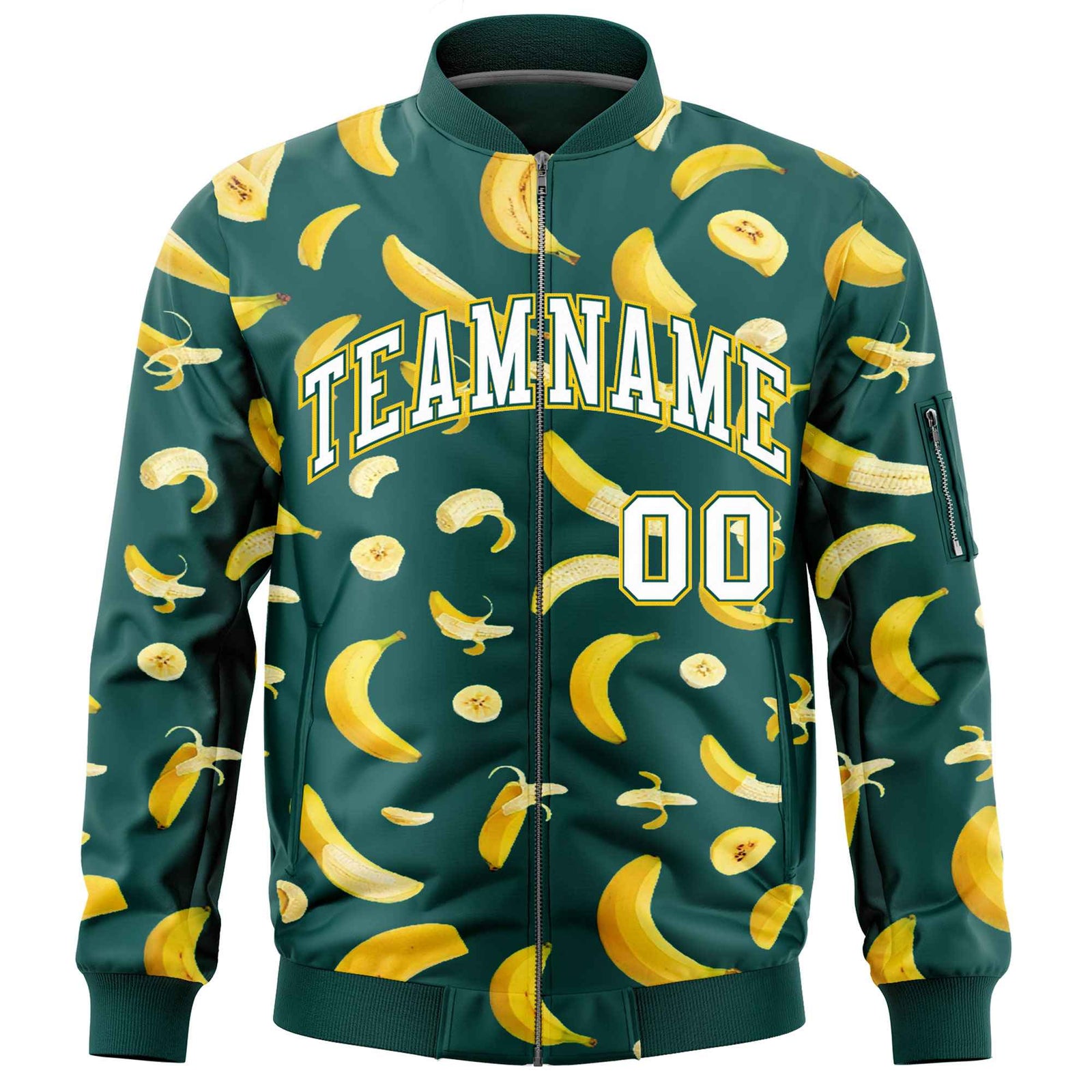 Custom Midnight Green Varsity Full-Zip Banana Pattern Letterman Bomber Jacket | Graffiti Pattern | Embroidery&Dye-sublimation printing | KXKSHOP