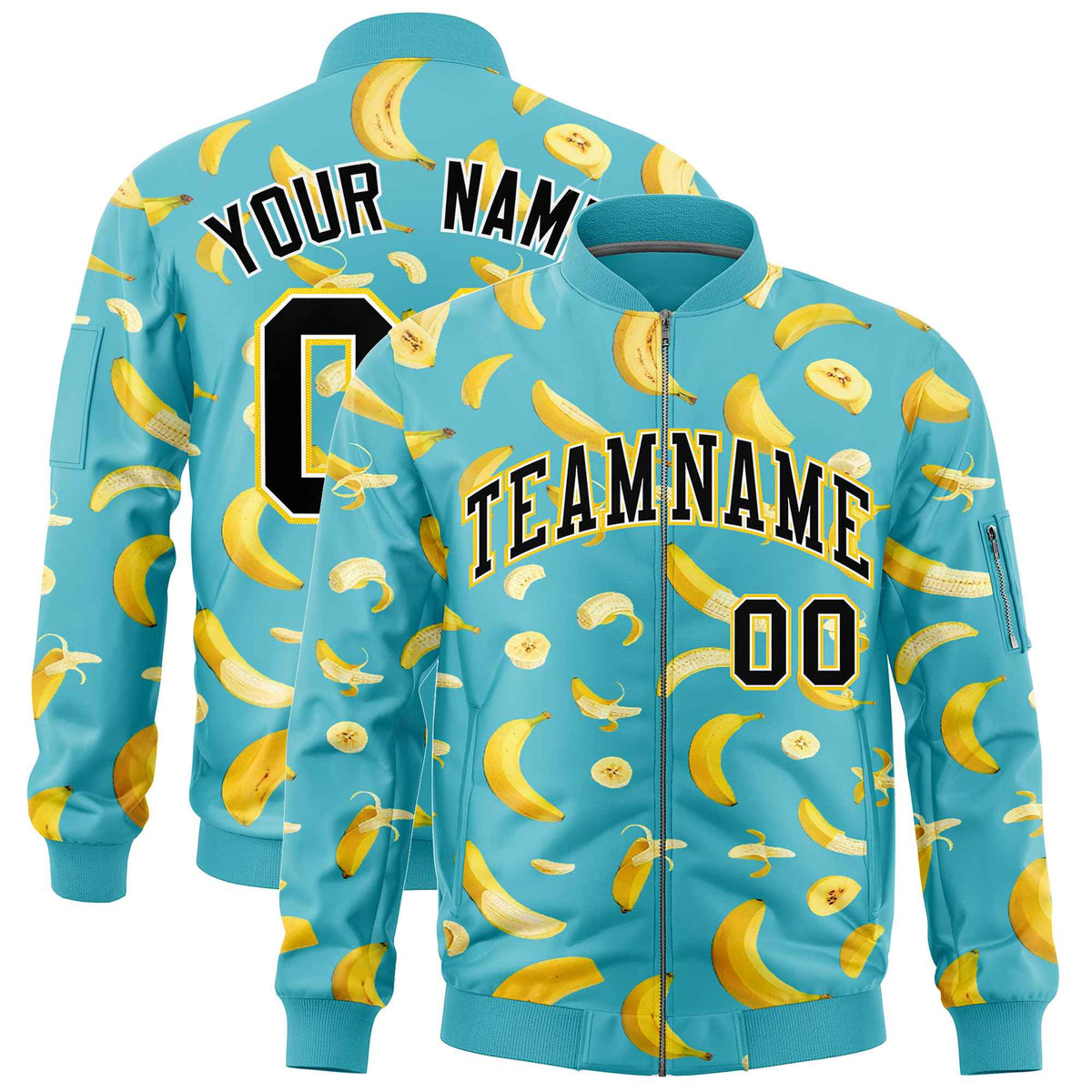 Custom Sky Blue Varsity Full-Zip Banana Pattern Letterman Bomber Jacket | Graffiti Pattern | Embroidery&amp;Dye-sublimation printing | KXKSHOP