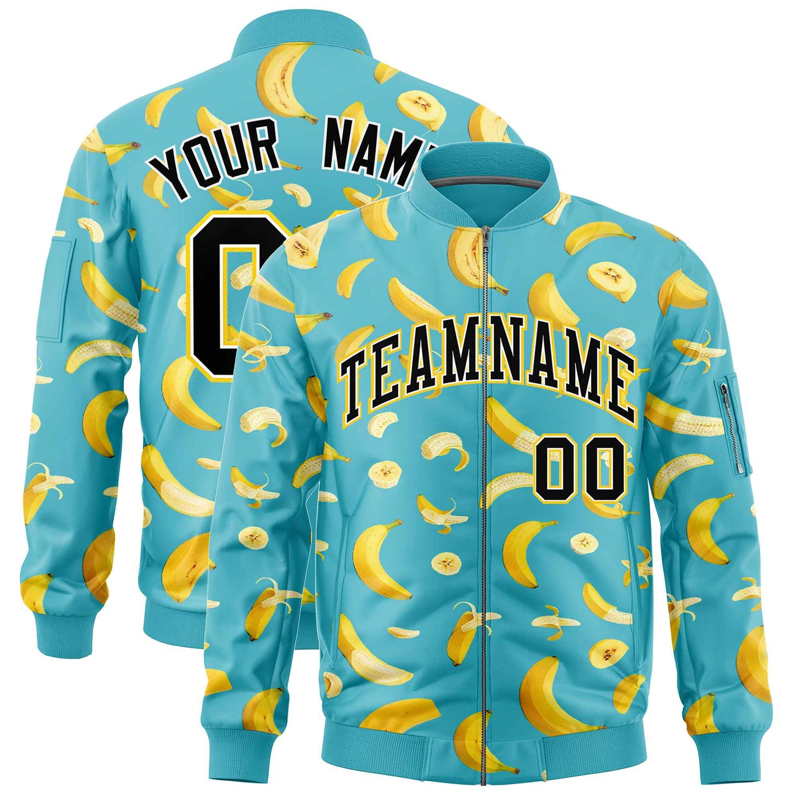 Custom Sky Blue Varsity Full-Zip Banana Pattern Letterman Bomber Jacket | Graffiti Pattern | Embroidery&Dye-sublimation printing | KXKSHOP