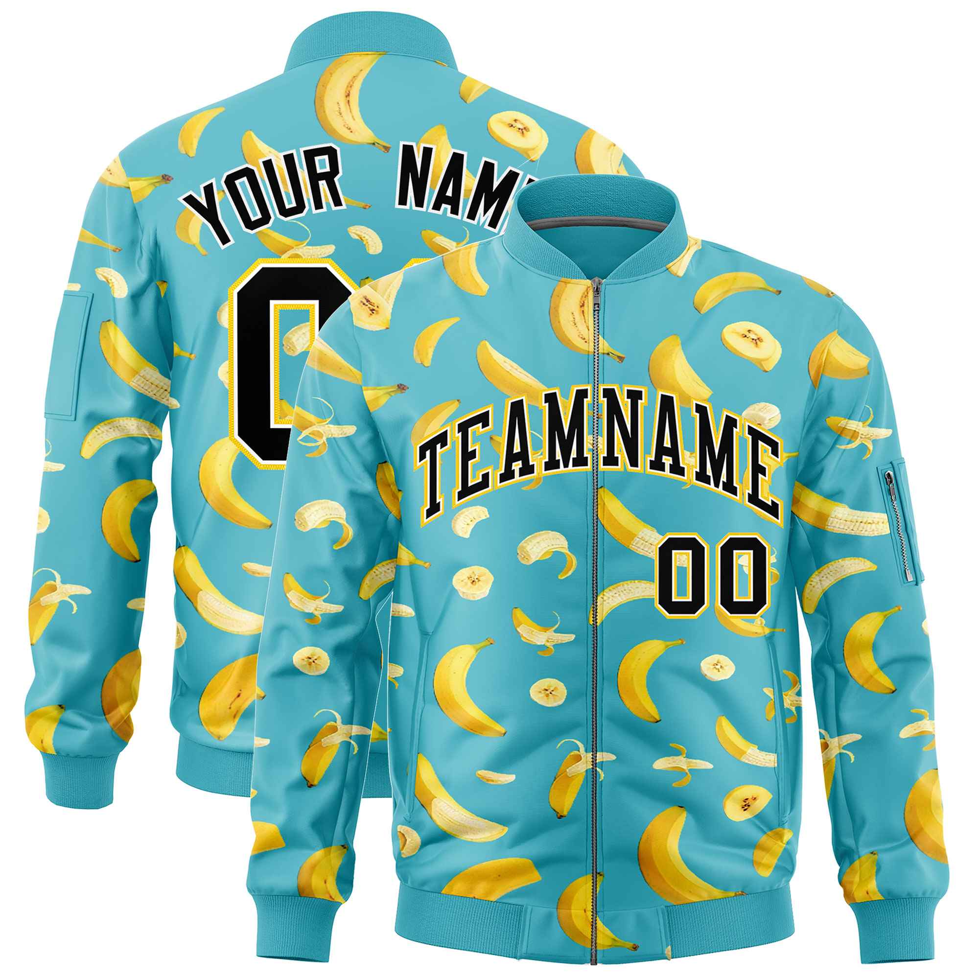 Custom Sky Blue Varsity Full-Zip Banana Pattern Letterman Bomber Jacket | Graffiti Pattern | Embroidery&Dye-sublimation printing | KXKSHOP