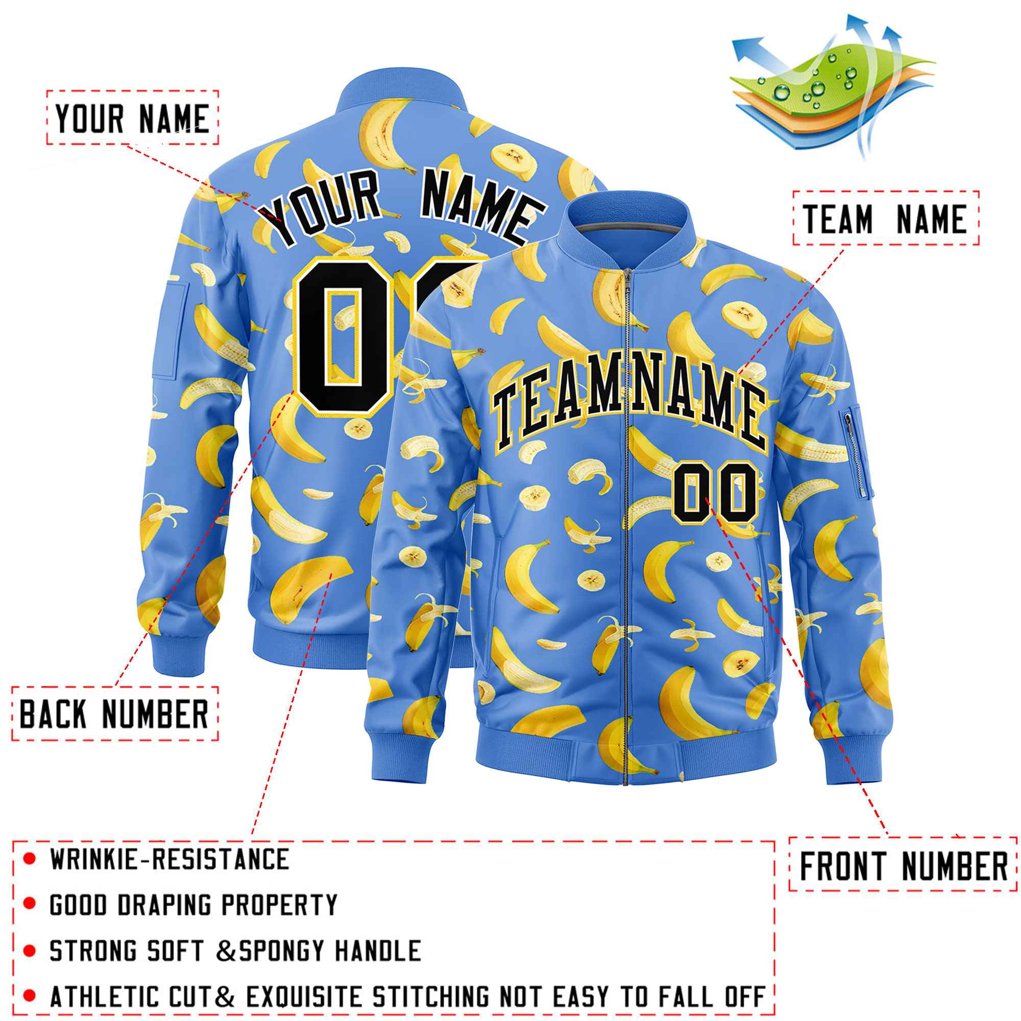 Custom Powder Blue Varsity Full-Zip Banana Pattern Letterman Bomber Jacket | Graffiti Pattern | Embroidery&Dye-sublimation printing | KXKSHOP