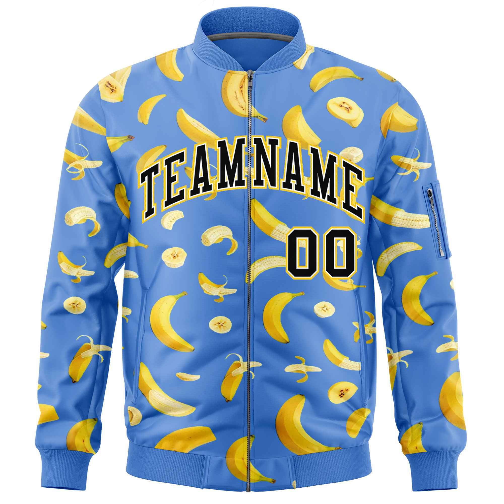 Custom Powder Blue Varsity Full-Zip Banana Pattern Letterman Bomber Jacket | Graffiti Pattern | Embroidery&Dye-sublimation printing | KXKSHOP