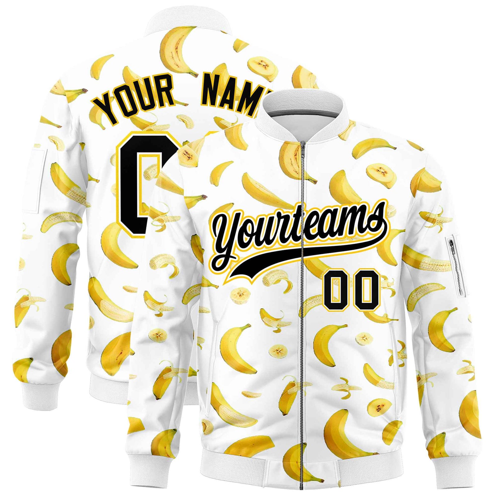 Custom White Varsity Full-Zip Banana Pattern Letterman Bomber Jacket | Graffiti Pattern | Embroidery&Dye-sublimation printing | KXKSHOP