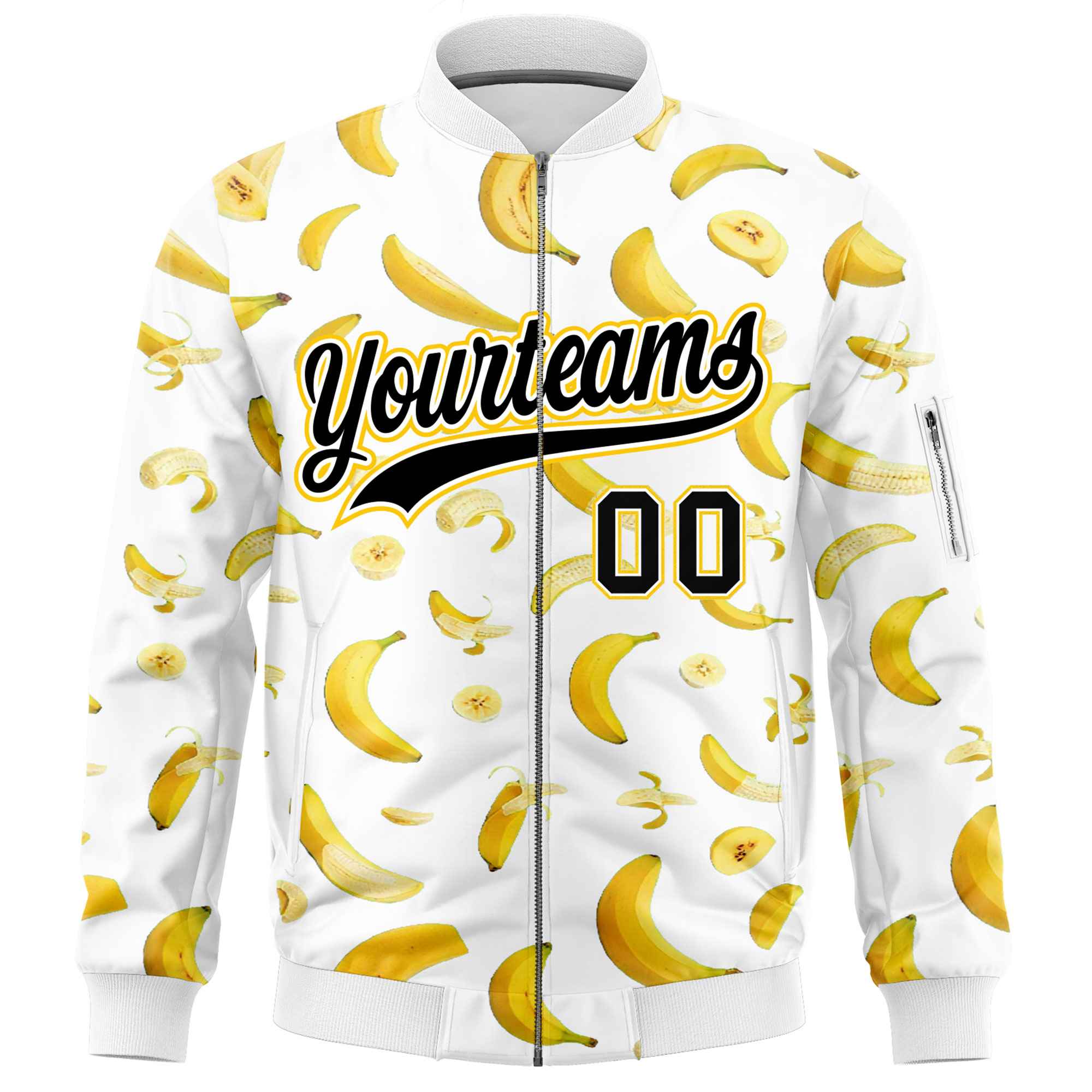 Custom White Varsity Full-Zip Banana Pattern Letterman Bomber Jacket | Graffiti Pattern | Embroidery&Dye-sublimation printing | KXKSHOP