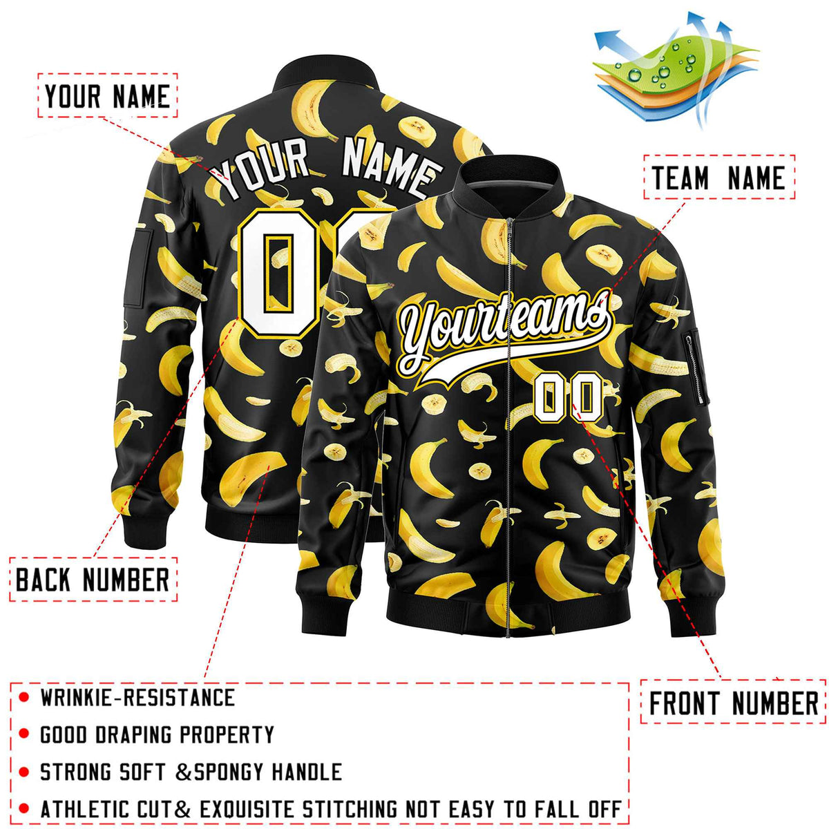 Custom Black Varsity Full-Zip Banana Pattern Letterman Bomber Jacket | Graffiti Pattern | Embroidery&amp;Dye-sublimation printing | KXKSHOP