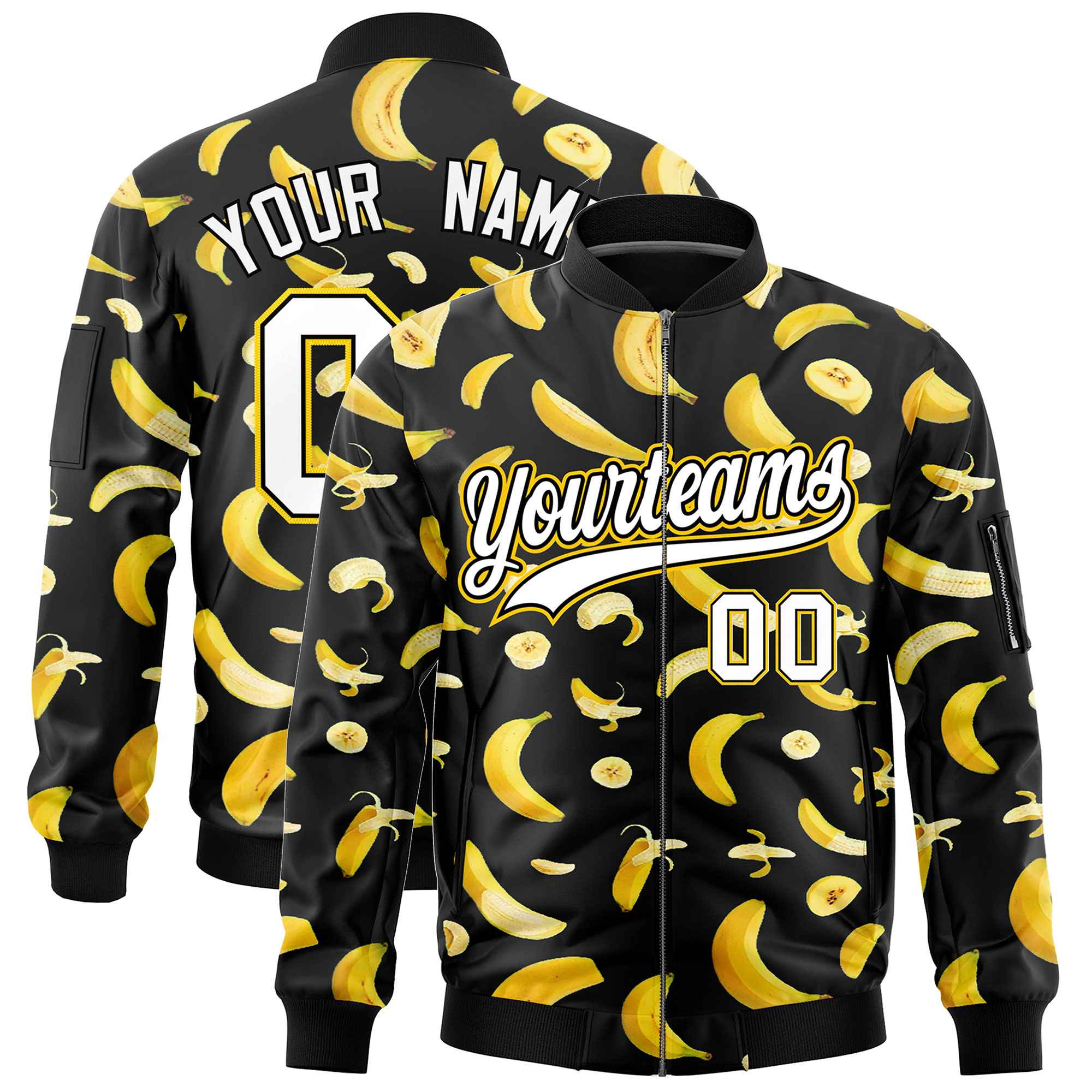 Custom Black Varsity Full-Zip Banana Pattern Letterman Bomber Jacket | Graffiti Pattern | Embroidery&Dye-sublimation printing | KXKSHOP