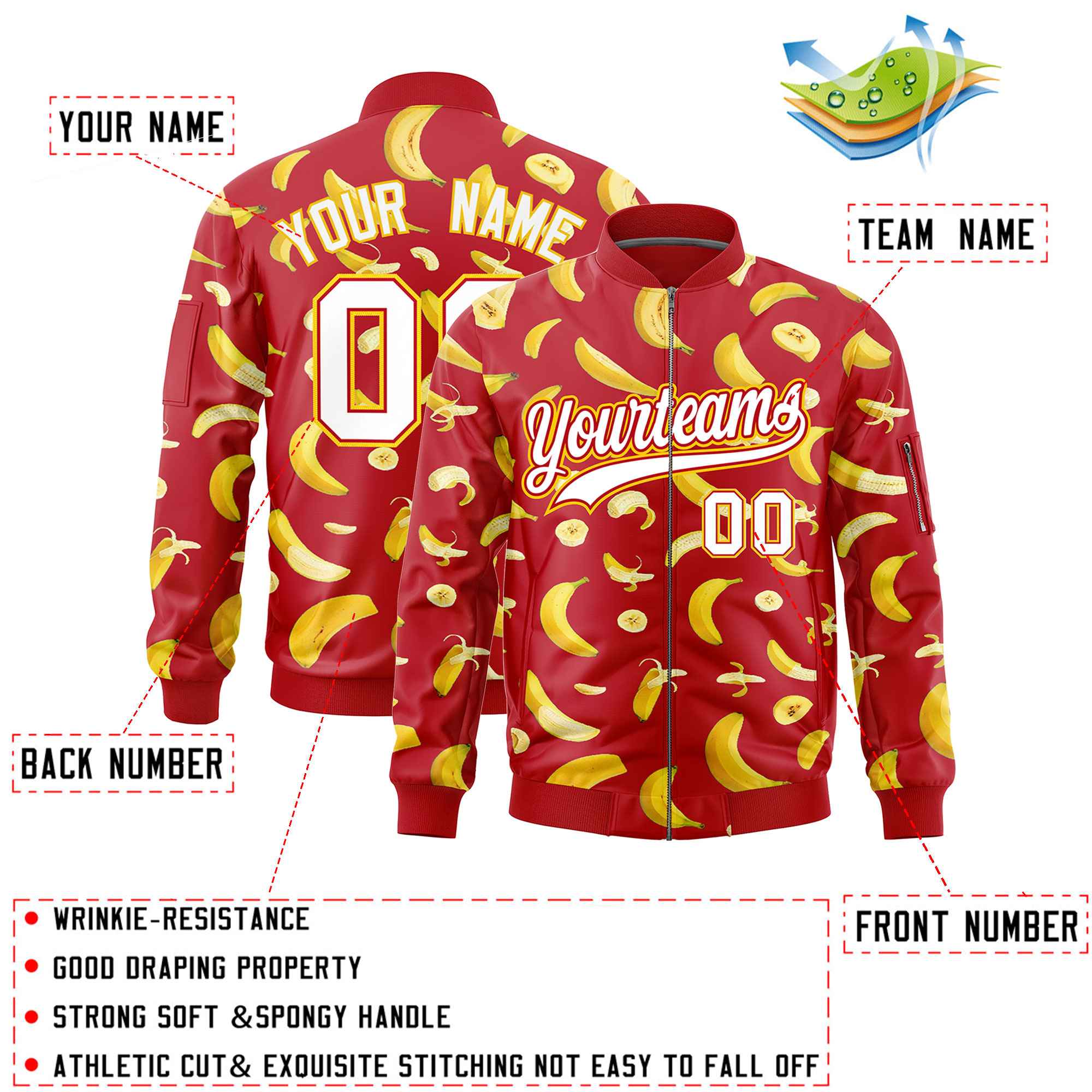 Custom Red Varsity Full-Zip Banana Pattern Letterman Bomber Jacket | Graffiti Pattern | Embroidery&Dye-sublimation printing | KXKSHOP