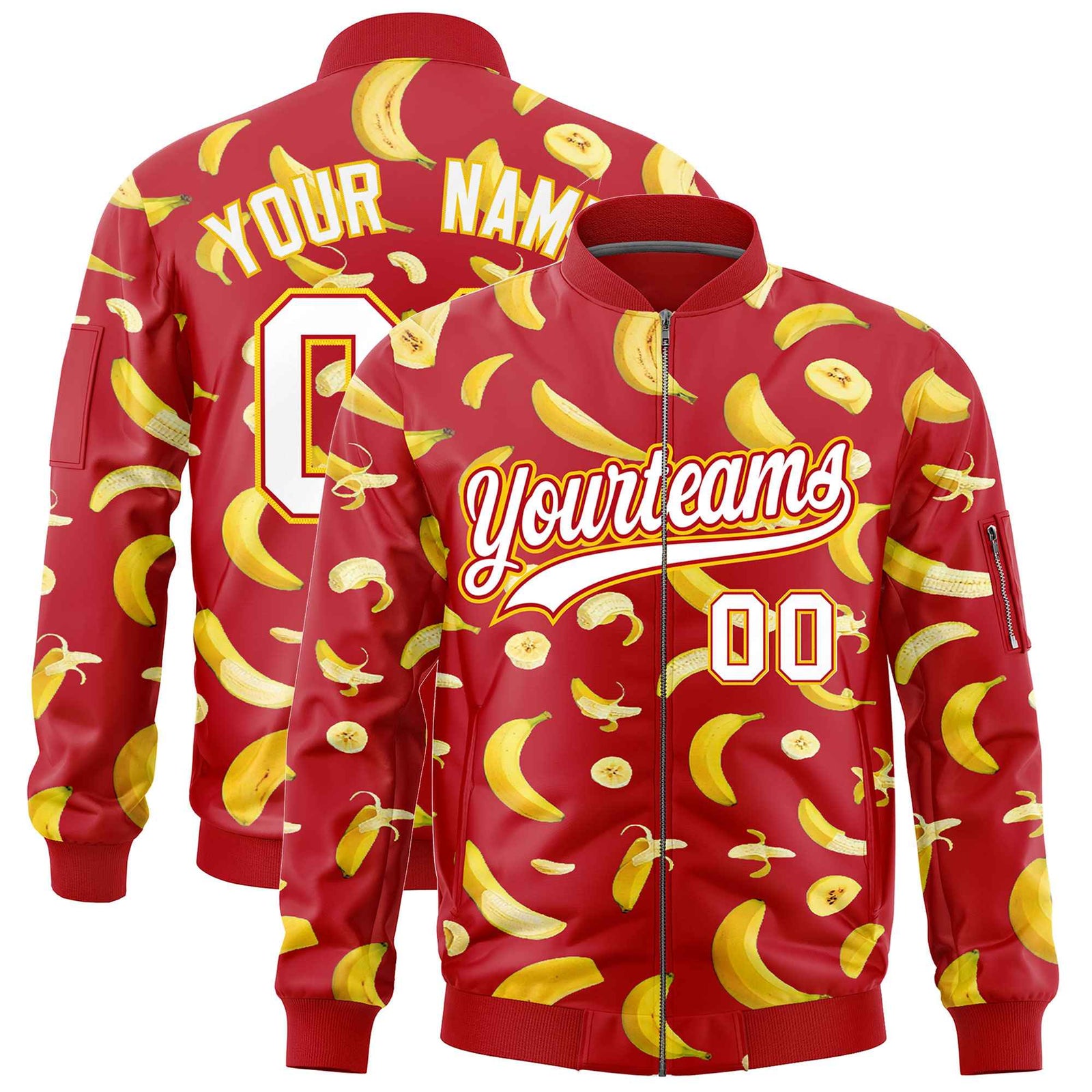 Custom Red Varsity Full-Zip Banana Pattern Letterman Bomber Jacket | Graffiti Pattern | Embroidery&Dye-sublimation printing | KXKSHOP