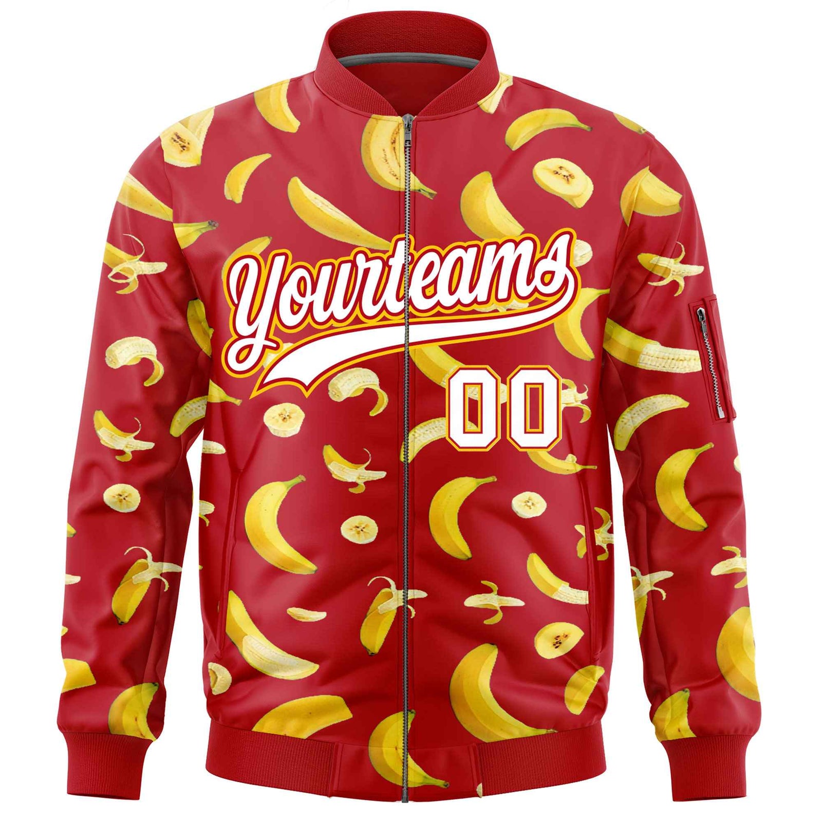 Custom Red Varsity Full-Zip Banana Pattern Letterman Bomber Jacket | Graffiti Pattern | Embroidery&Dye-sublimation printing | KXKSHOP