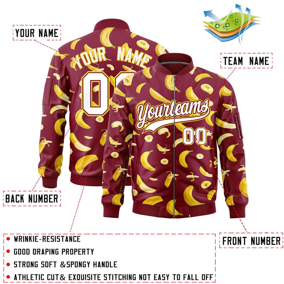Custom Crimson Varsity Full-Zip Banana Pattern Letterman Bomber Jacket | Graffiti Pattern | Embroidery&amp;Dye-sublimation printing | KXKSHOP