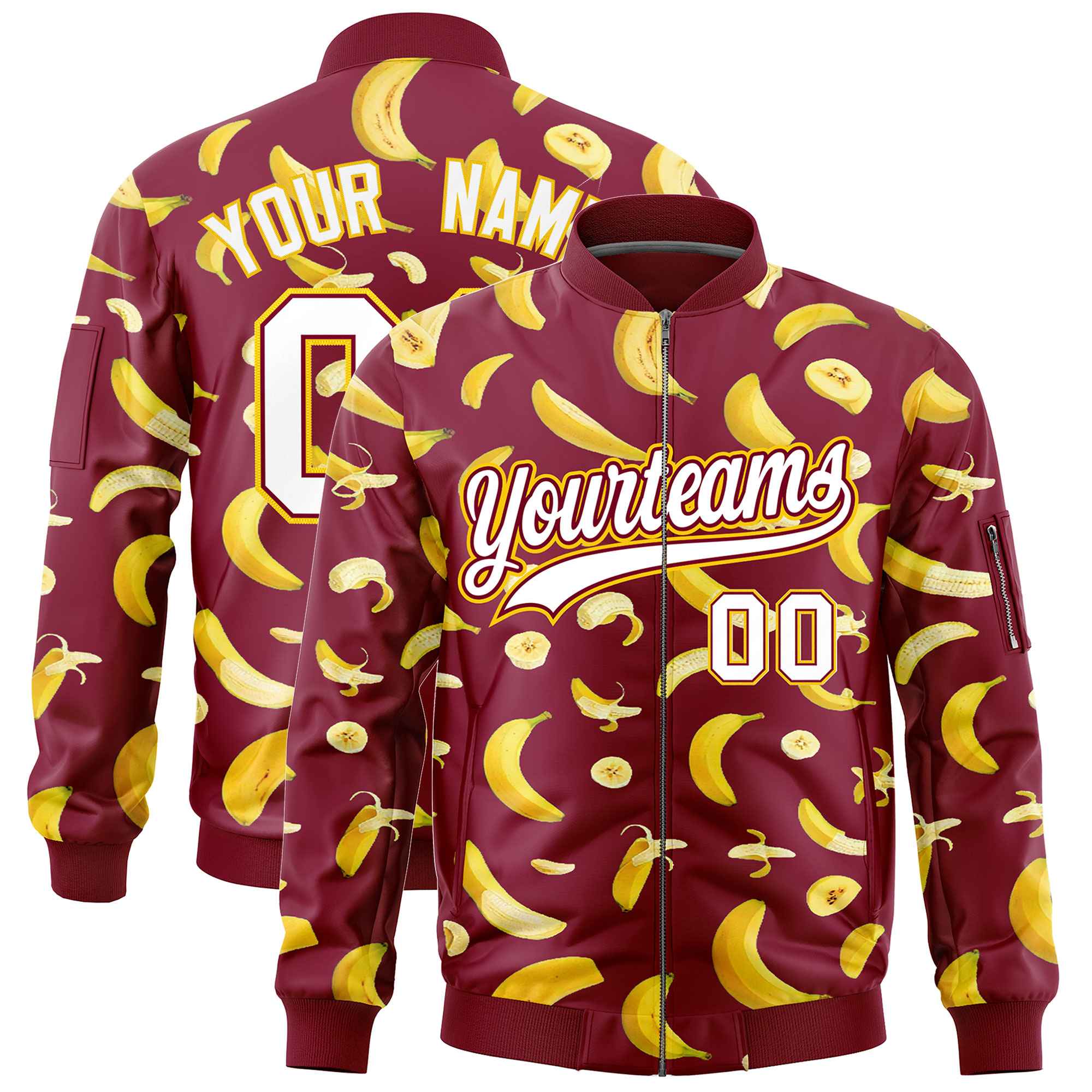 Custom Crimson Varsity Full-Zip Banana Pattern Letterman Bomber Jacket | Graffiti Pattern | Embroidery&Dye-sublimation printing | KXKSHOP