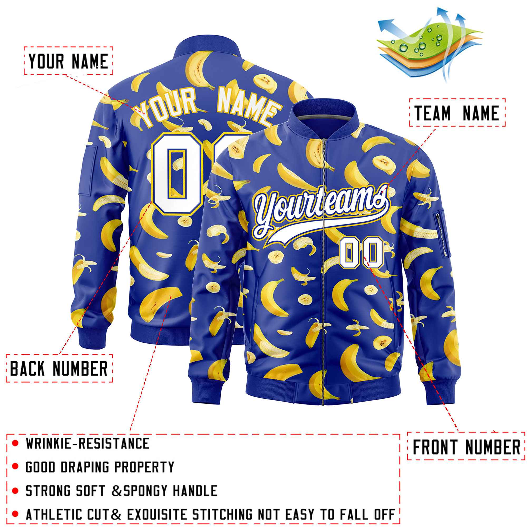 Custom Royal Blue Varsity Full-Zip Banana Pattern Letterman Bomber Jacket | Graffiti Pattern | Embroidery&Dye-sublimation printing | KXKSHOP