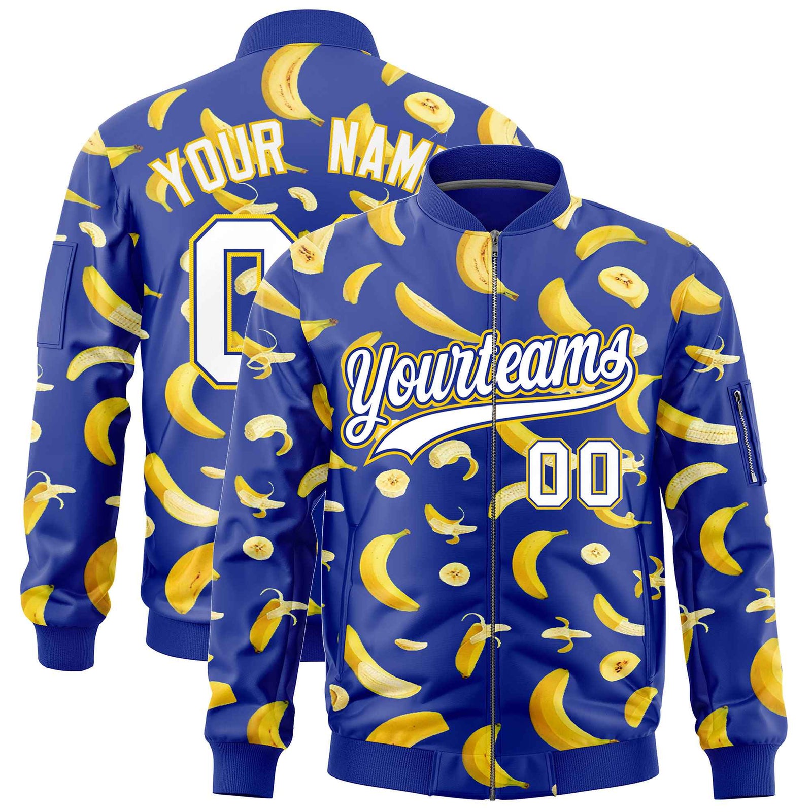 Custom Royal Blue Varsity Full-Zip Banana Pattern Letterman Bomber Jacket | Graffiti Pattern | Embroidery&Dye-sublimation printing | KXKSHOP