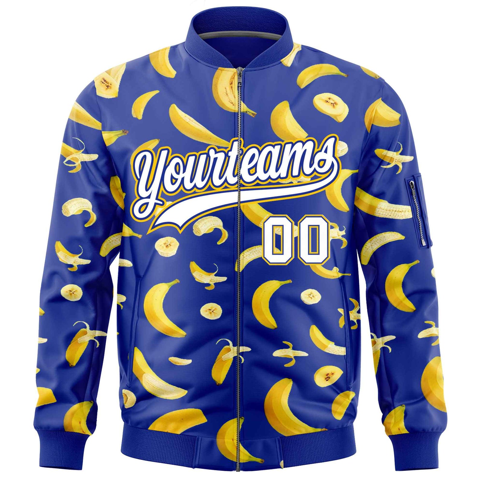 Custom Royal Blue Varsity Full-Zip Banana Pattern Letterman Bomber Jacket | Graffiti Pattern | Embroidery&Dye-sublimation printing | KXKSHOP