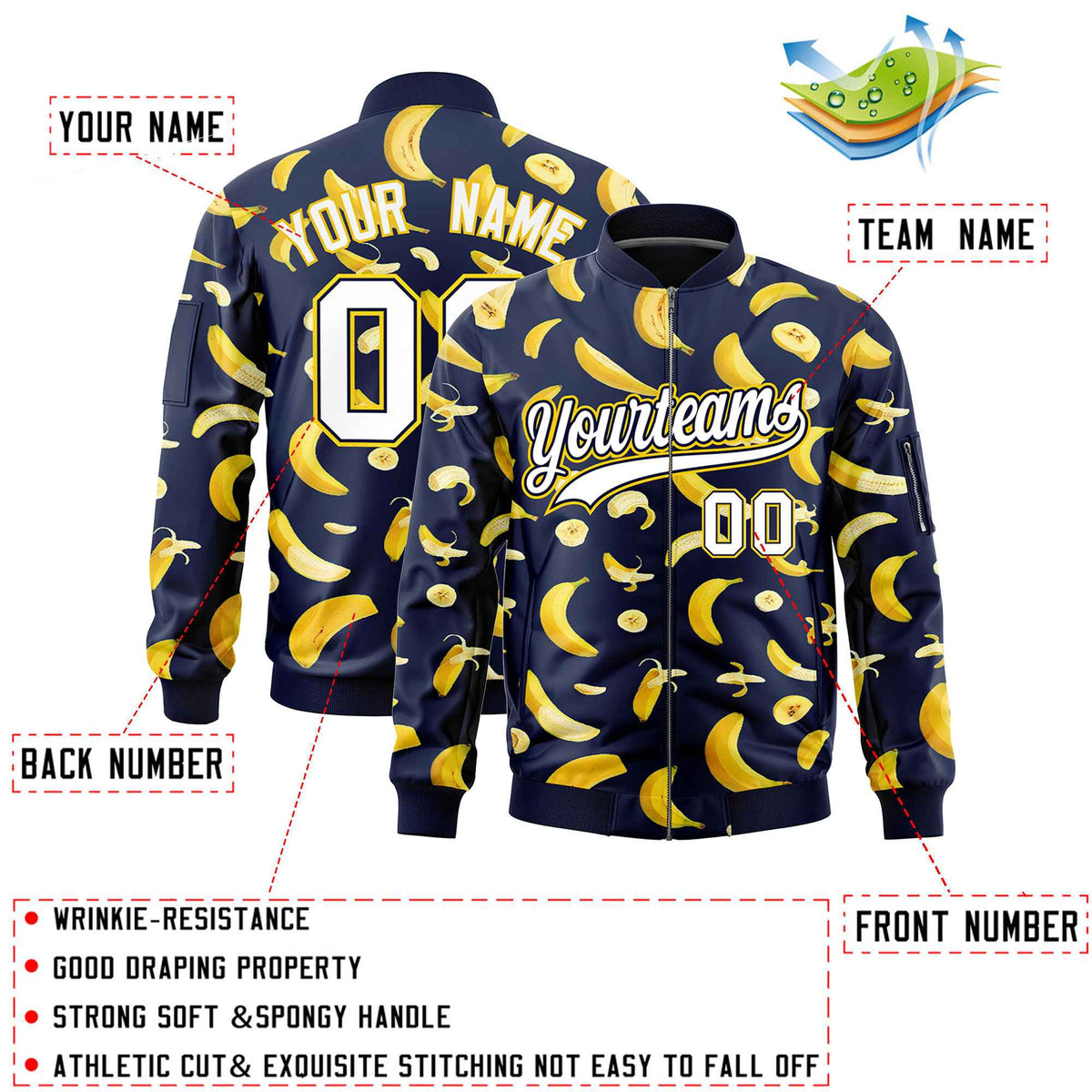 Custom Navy Varsity Full-Zip Banana Pattern Letterman Bomber Jacket | Graffiti Pattern | Embroidery&amp;Dye-sublimation printing | KXKSHOP