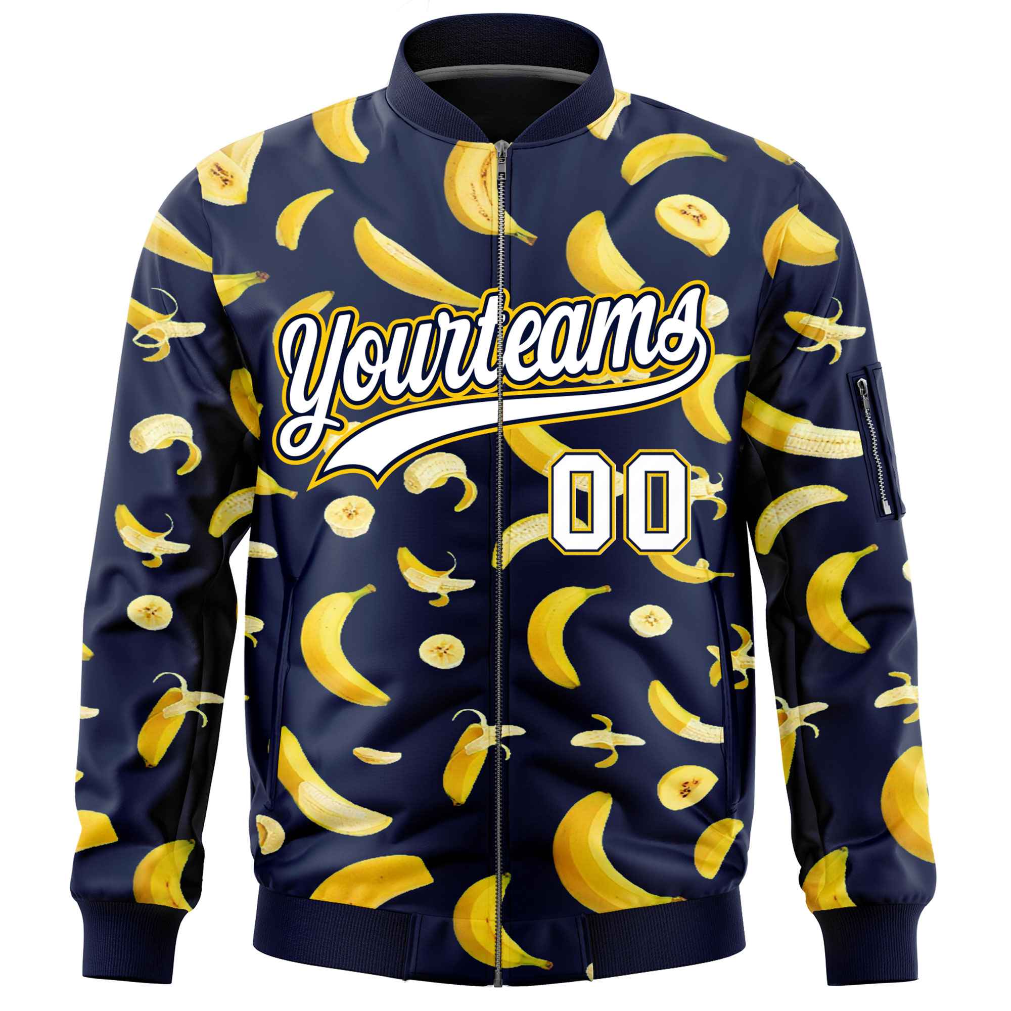 Custom Navy Varsity Full-Zip Banana Pattern Letterman Bomber Jacket | Graffiti Pattern | Embroidery&Dye-sublimation printing | KXKSHOP
