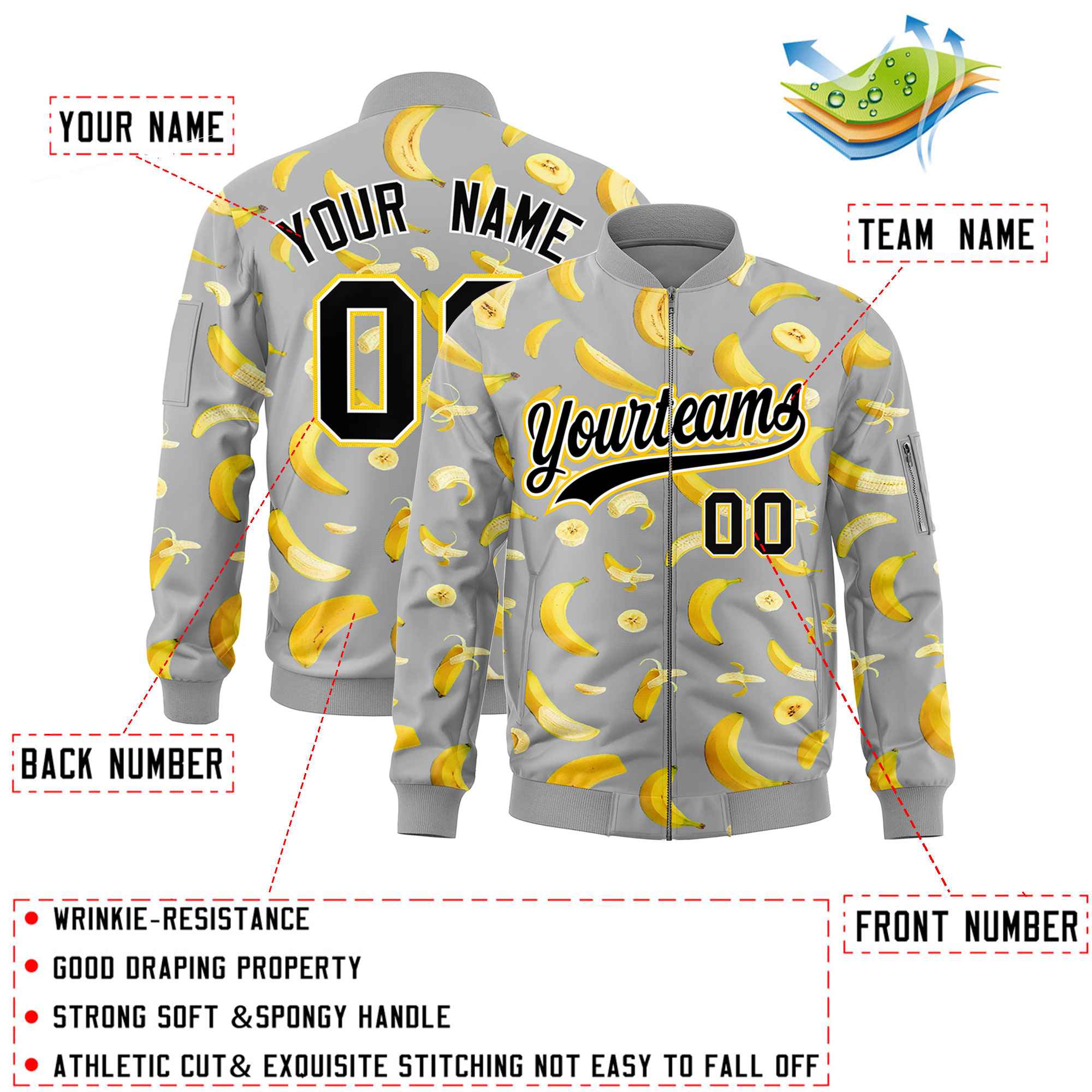 Custom Gray Varsity Full-Zip Banana Pattern Letterman Bomber Jacket | Graffiti Pattern | Embroidery&Dye-sublimation printing | KXKSHOP